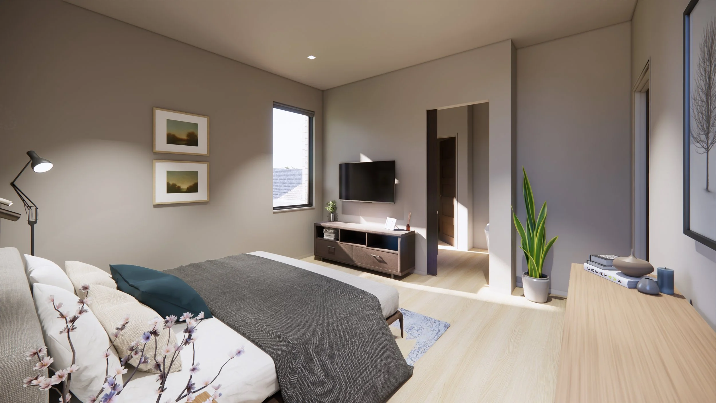 Modern bedroom with a bed, wall-mounted TV, wooden dresser, potted plant, and large windows with natural light.