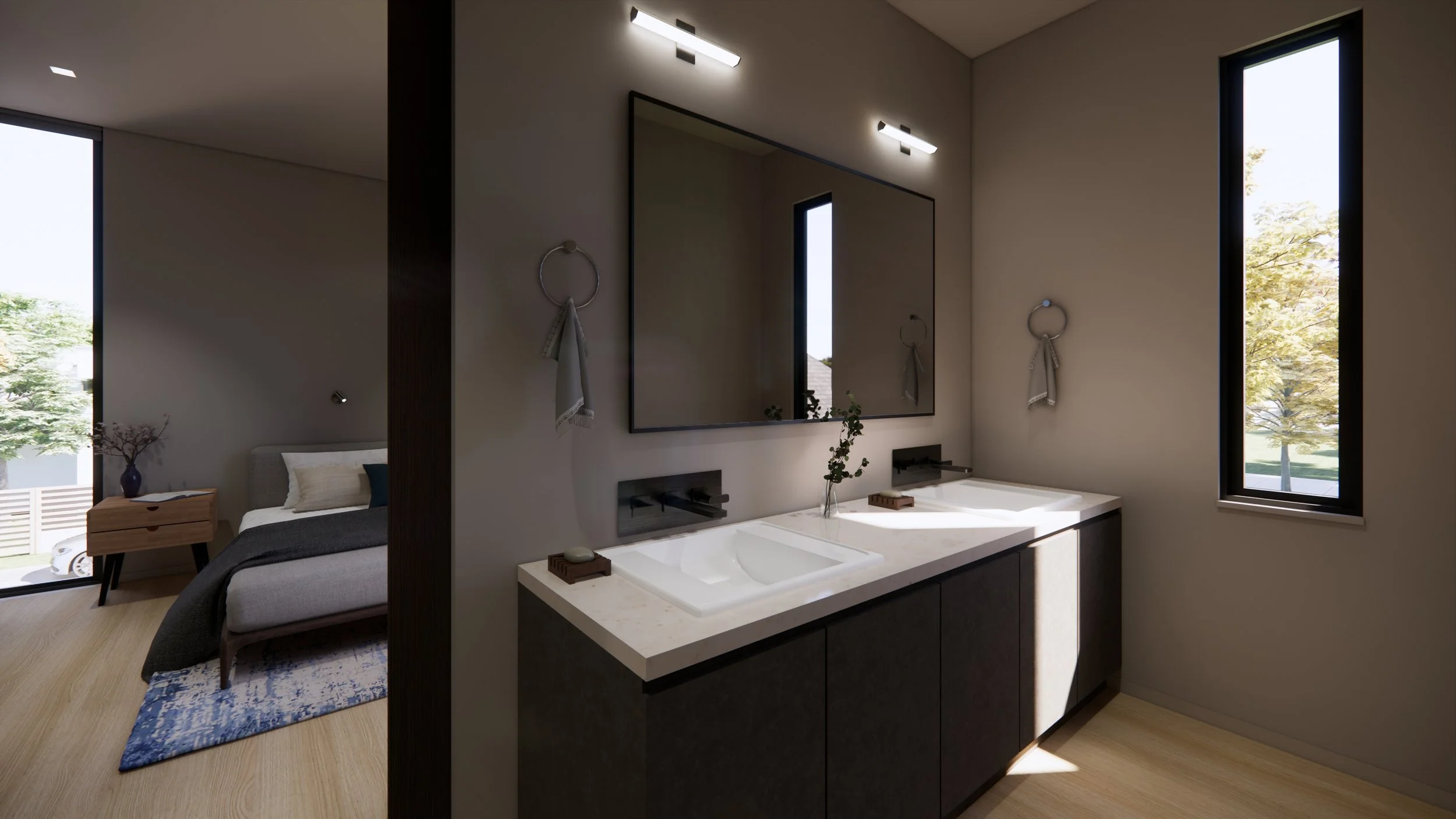 Modern bathroom with dual sinks, large mirror, two wall-mounted light fixtures, and two tall windows with trees outside.