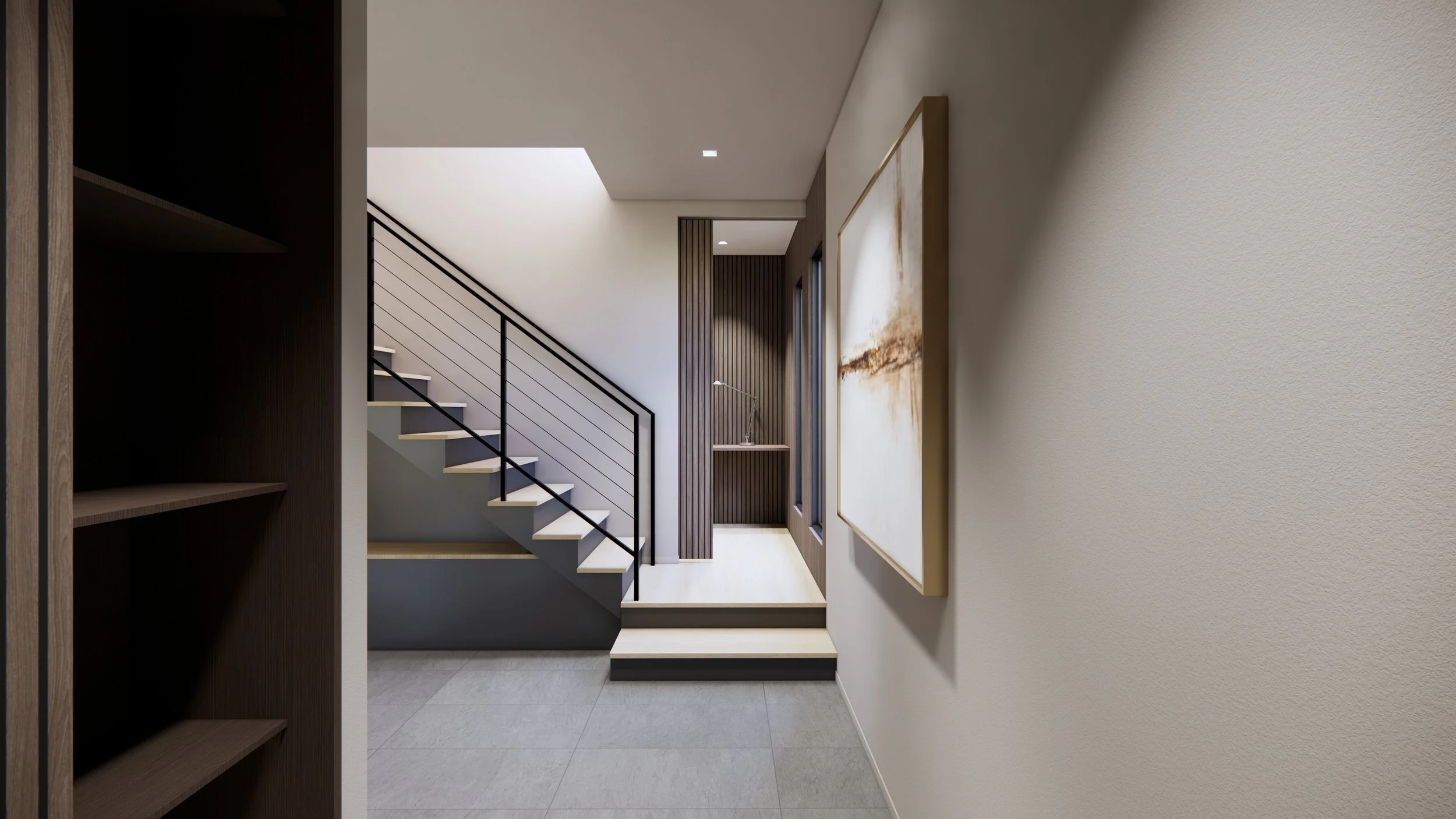 Modern interior hallway with staircase, artwork, a lamp, and wooden wall paneling.