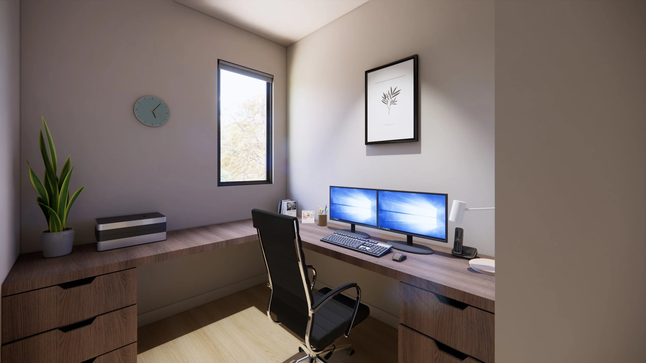 Home office with a wooden desk, dual monitors, black office chair, potted plant, wall clock, window, framed art, desk lamp, phone, and some office supplies.