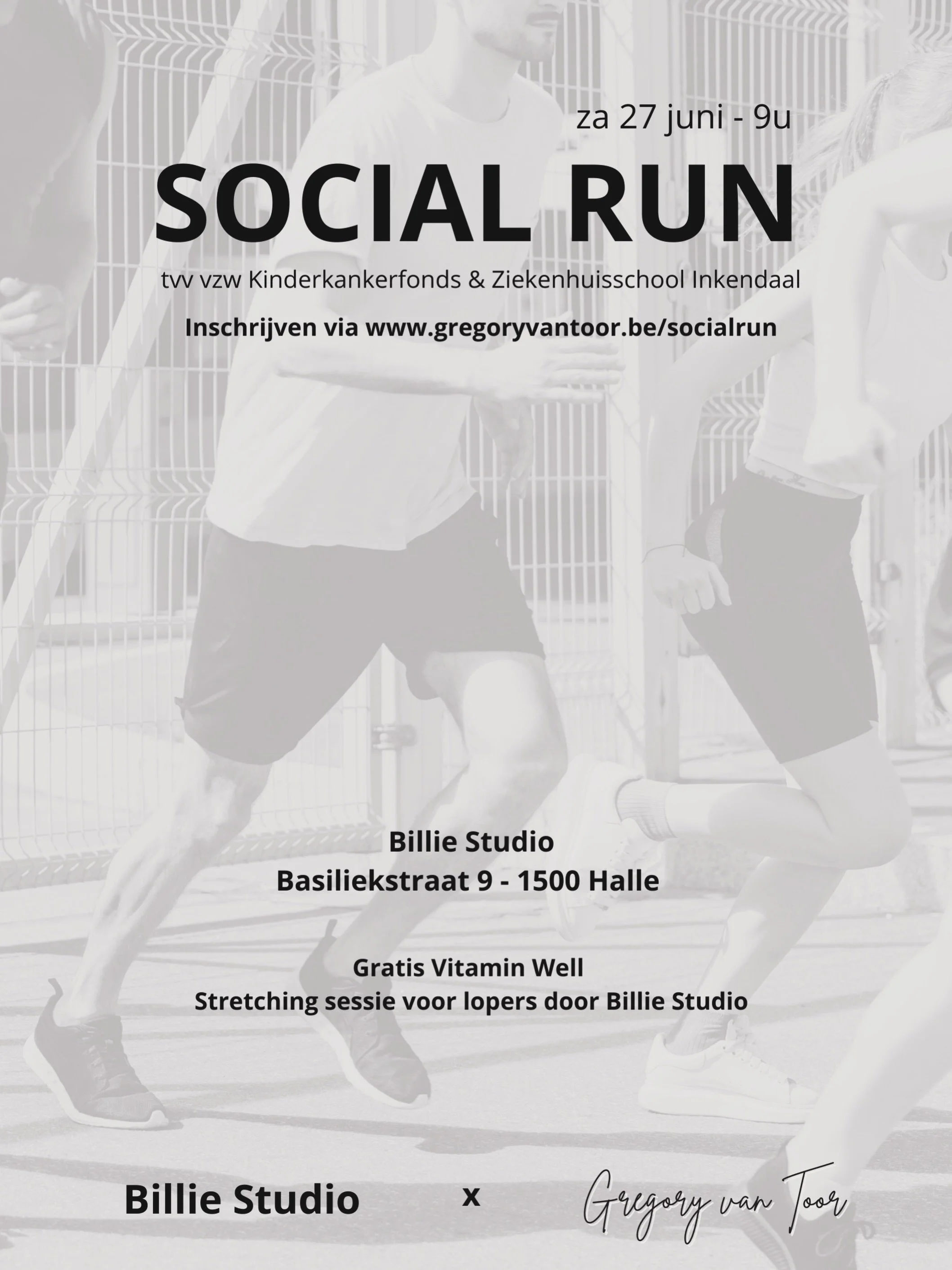 Samen lopen voor het @kinderkankerfonds_vzw en de Ziekenhuisschool @revaziekenhuis_inkendaal 

Wanneer?

Zaterdag 27/06/2026 - start: 9u
Samen lopen we 1u aan babbeltempo.

Nadien voorziet @billie.studio.halle een stretchingsessie voor lopers.

@vita
