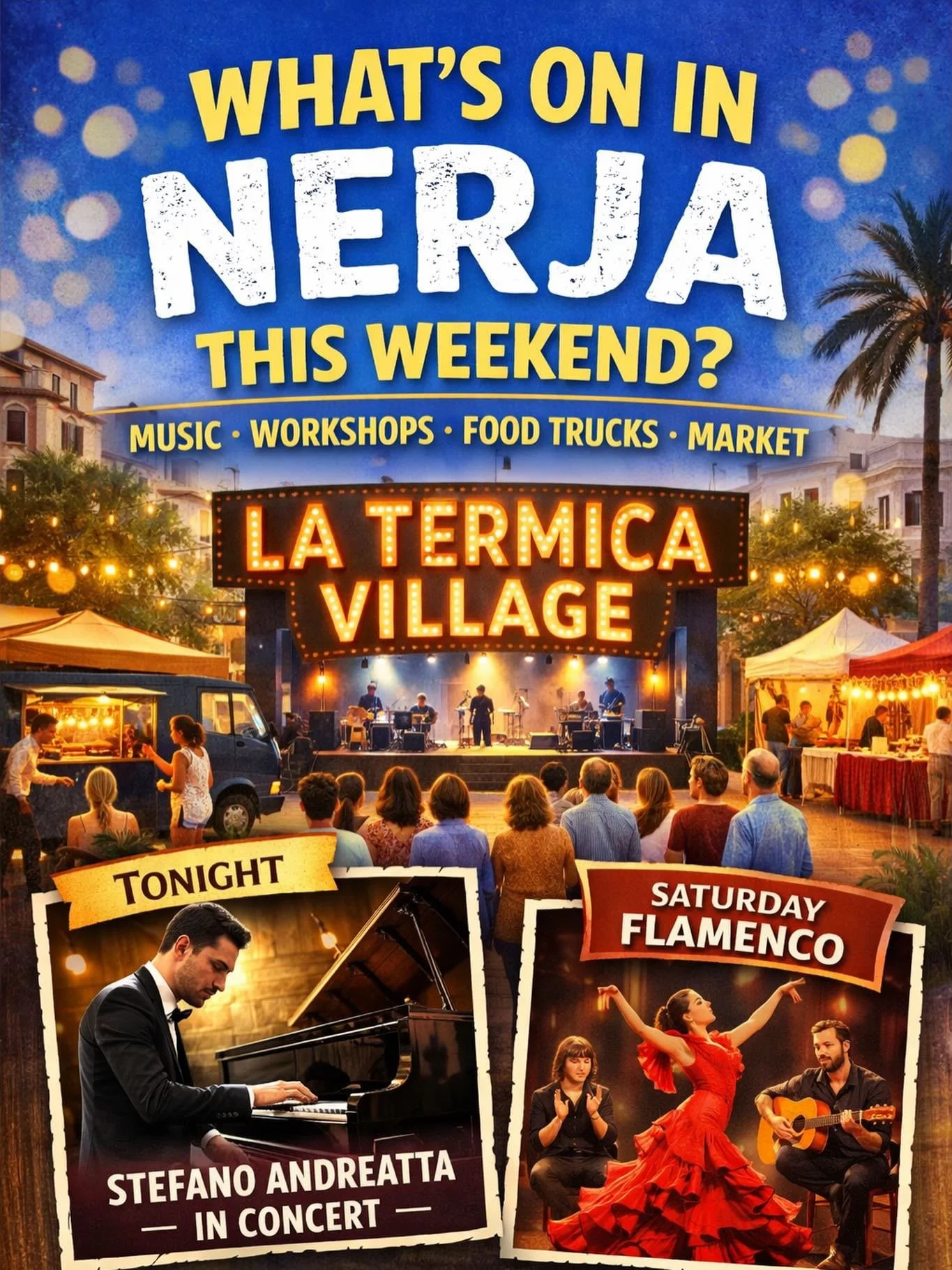 🎶 Nerja, ready for a lively weekend? 🎶

La T&eacute;rmica Village 🎶 is coming with music, workshops, food trucks and a market atmosphere.

What is it, when and where? 👉🏽 https://www.nerjaamigos.com/events/la-trmica-village

Plus tonight&rsquo;s 