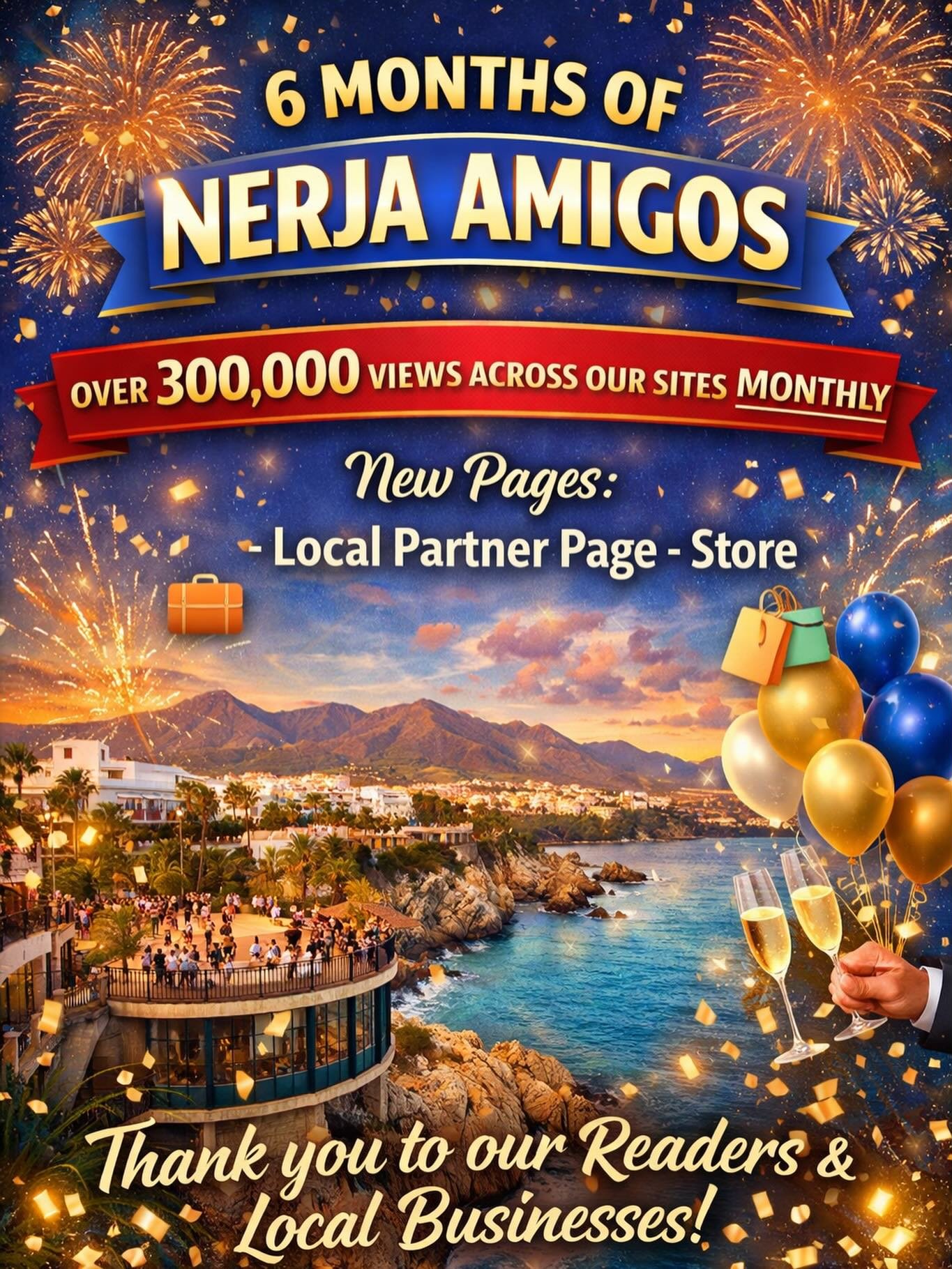 Simple idea turns into something so many embrace✨

Six months in, Nerja Amigos has grown into a space where locals, visitors, and businesses come together &ndash; with over 300,000 views across our platforms each month. Thank you to all our readers ?