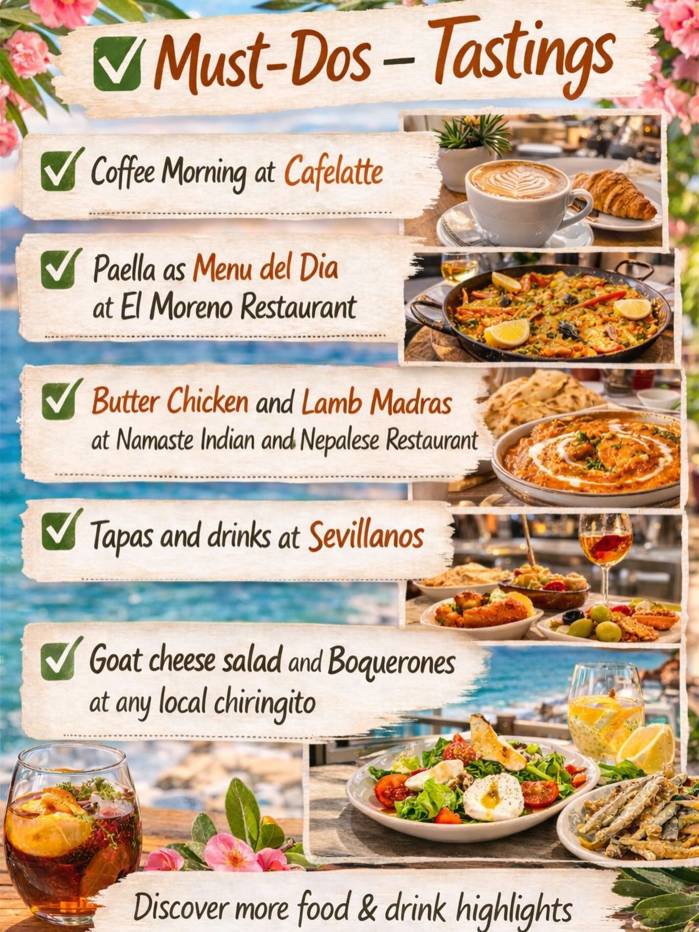 Are you a food &amp; drink lover? 🍽️ 🥤 

Where do you start when everything tastes this good in Nerja‼️

Lazy coffee mornings ☕️, sun-soaked lunches, rich spices 🌶️ , and tapas by the sea&hellip; this is your perfect foodie flow from day to night&