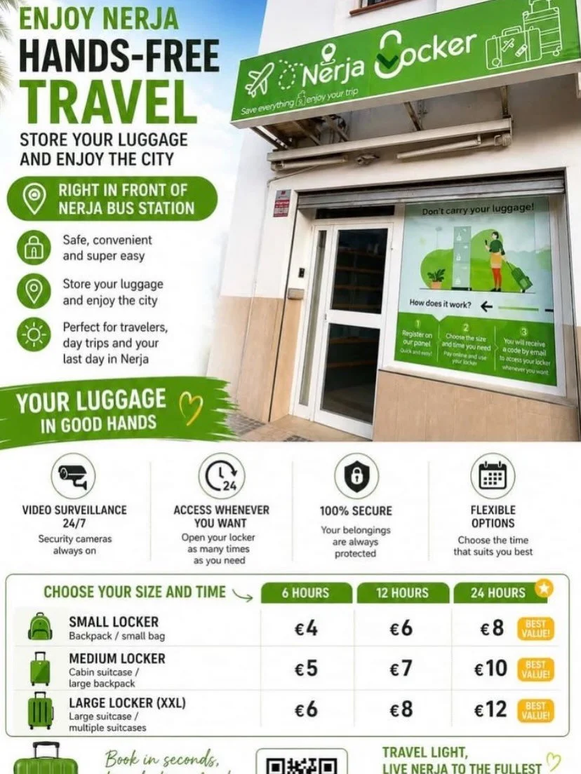 Hands-free in Nerja? 🧳☀️

Store your luggage safely at Nerja Locker &mdash; right opposite the bus station &mdash; and enjoy the beach, tapas and town stress-free before your journey. 🌊🍷

🔐 From just &euro;4 &bull; Easy &bull; Secure &bull; Flexi