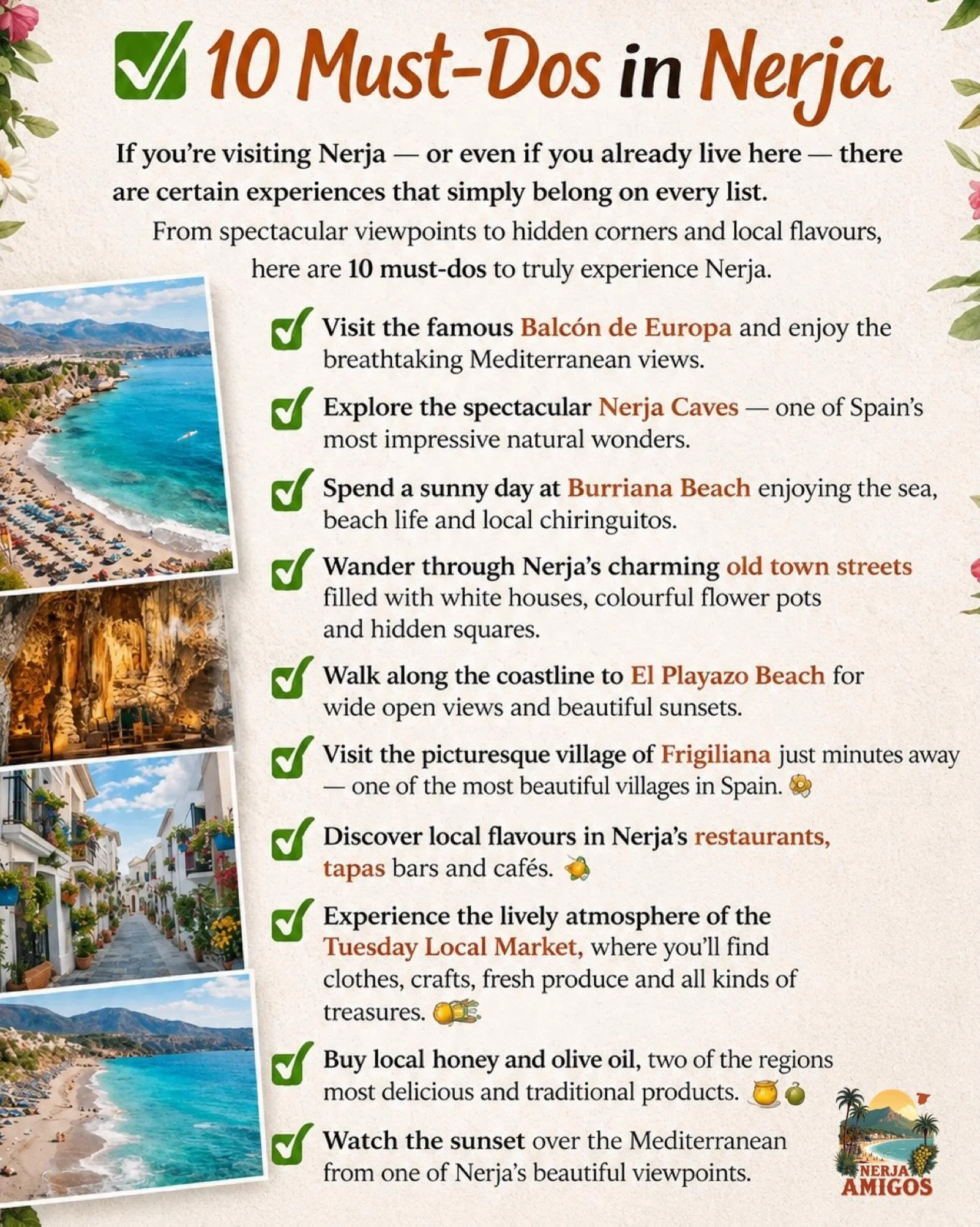 ☀️ First time in Nerja&hellip; or discovering new corners?

Here are 10 must-dos to truly experience Nerja. 🌴

Which one is your favourite? 💛

Discover more local gems 👉🏽 https://www.nerjaamigos.com/ #nerja #nerjaspain #nerjaamigos #nerjaturismo