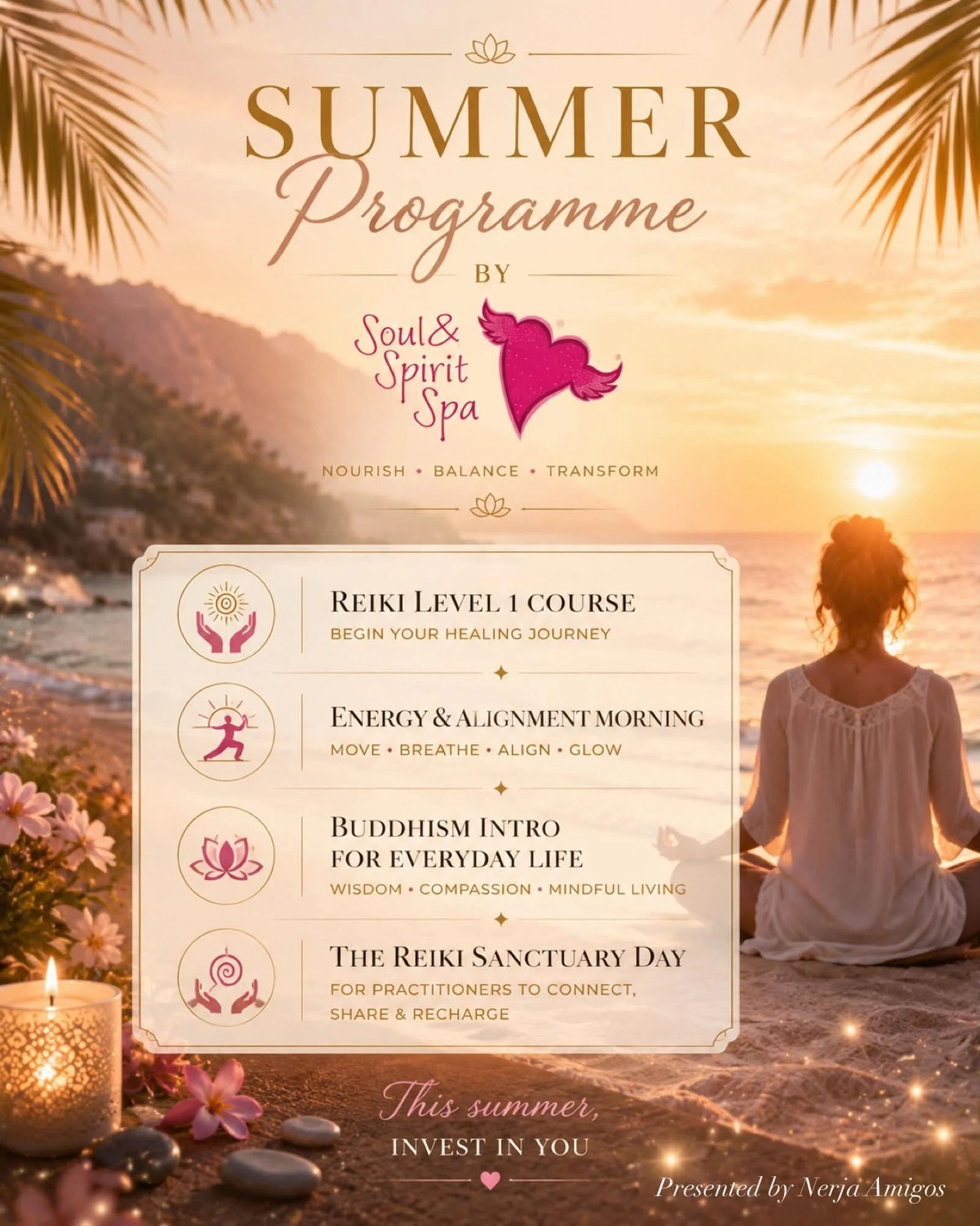This Summer - Invest in You ‼️💆🏻 🧘🏻&zwj;♀️ 💚 👣 

Reiki, energy alignment, mindful living and a beautiful day of connection for practitioners - the Soul &amp; Spirit Spa Summer Programme is now on Nerja Amigos 💚

Sessions held on different date
