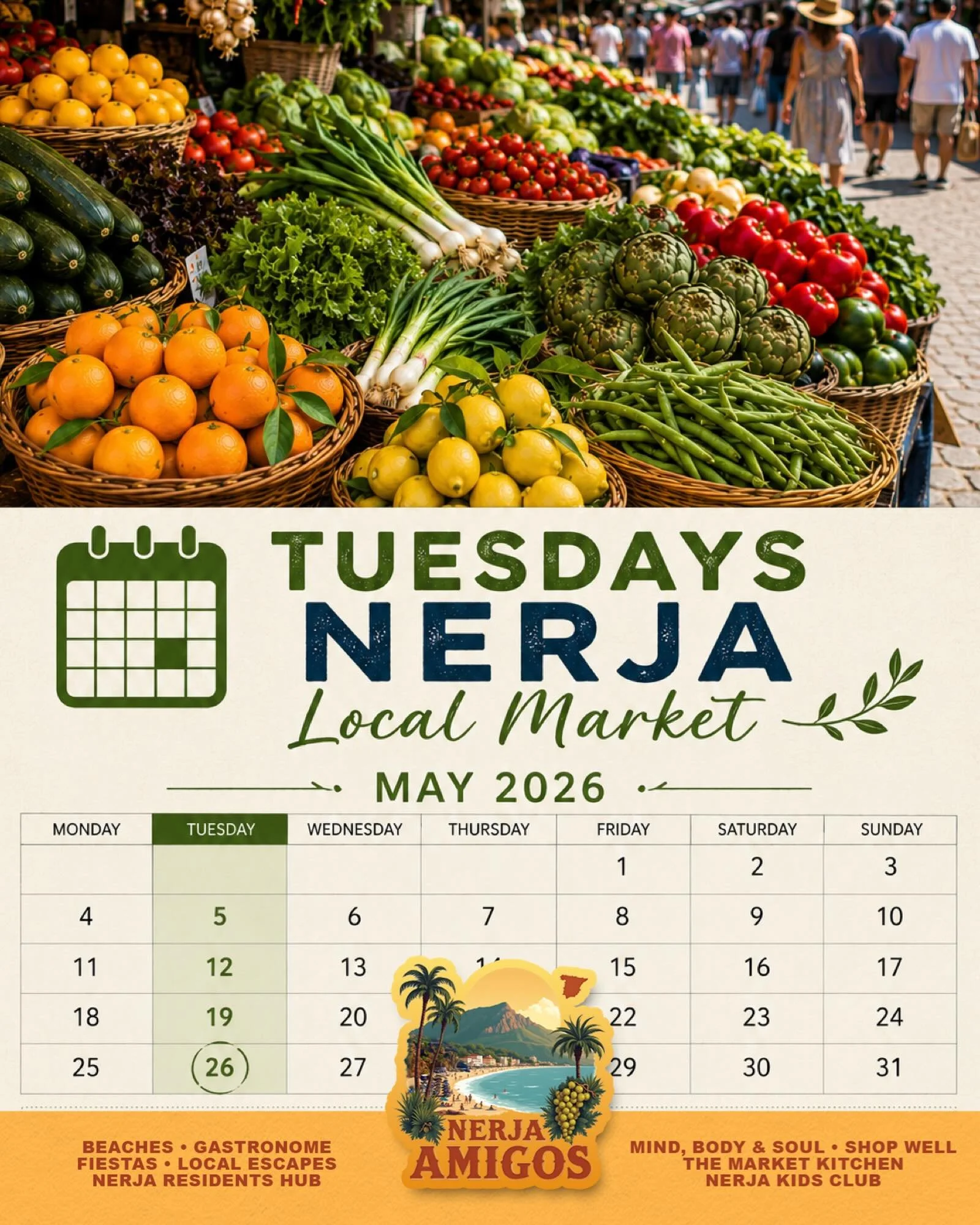 Fresh produce, colourful stalls and a little midweek sunshine ☀️🥬🍋

The Nerja Local Market returns every Tuesday &mdash; the perfect place to browse seasonal fruit and vegetables, local finds, clothes, and accessories 🍊 🥒🍓 

A lovely way to spen