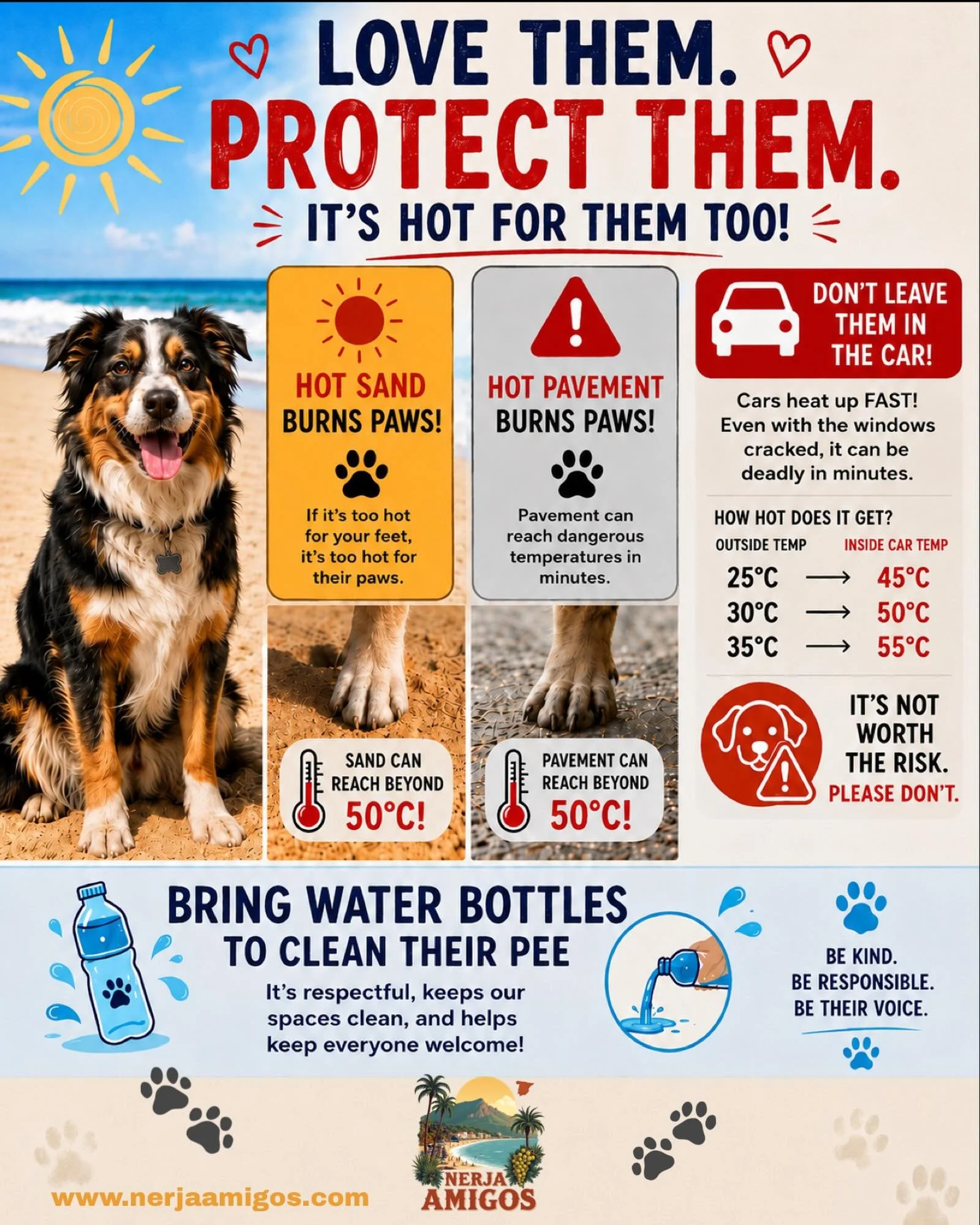 🐾☀️ Summer Doggy Survival 🔥 🐾 

Summer is here, but while we slip on our sandals, our four-legged friends are walking barefoot. 🐾 

Beach sand and pavements can become hot enough to burn paws in seconds, and a parked car can turn dangerous far qu