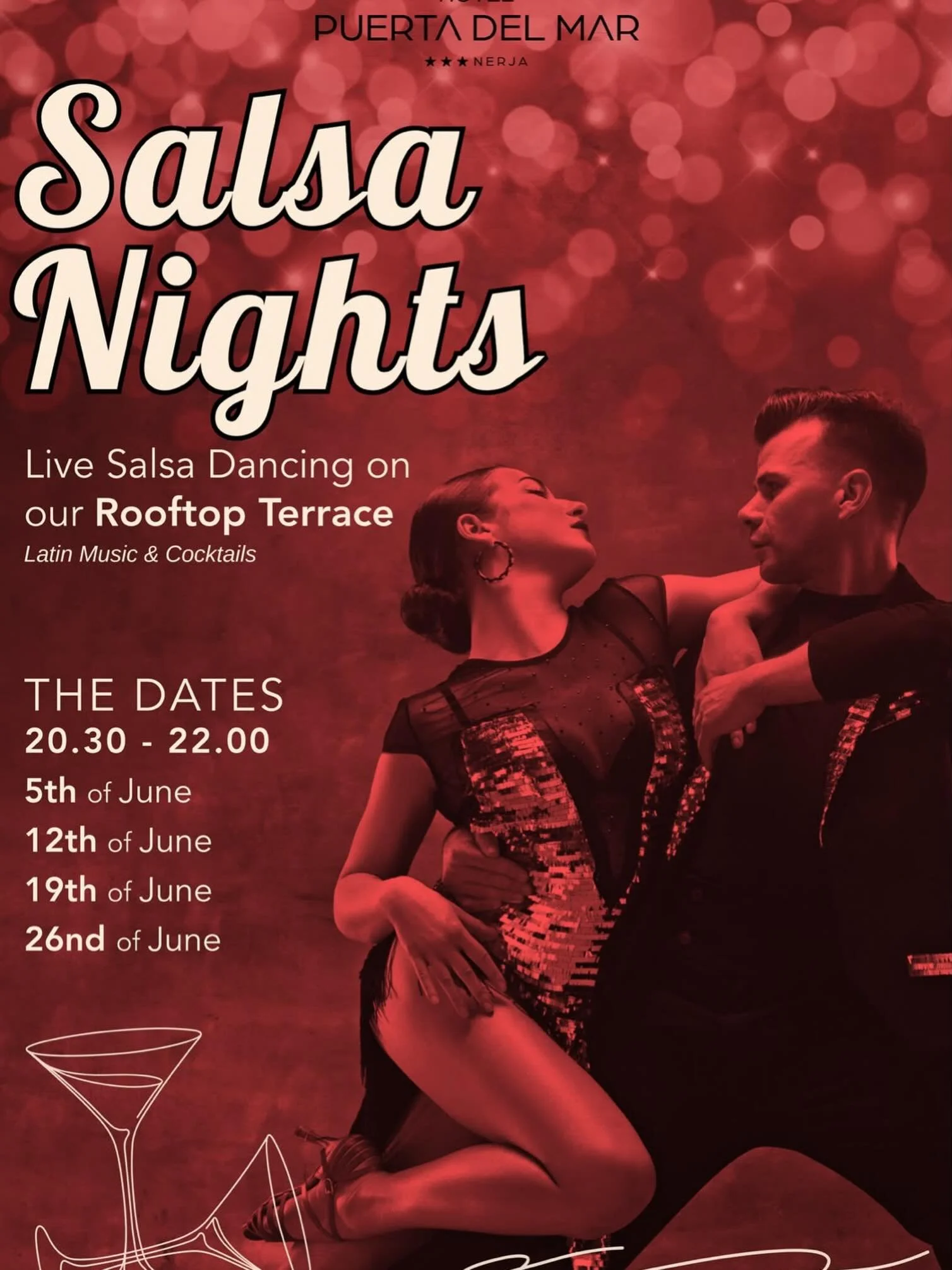 💃 Salsa Evenings at Hotel Puerta Del Mar are back! 🕺🏻🍸 

Warm summer evenings, Latin rhythms, rooftop views, and cocktails under the Nerja sky. 💫 

Join the fun on Fridays throughout June and enjoy live salsa dancing on the hotel&rsquo;s beautif
