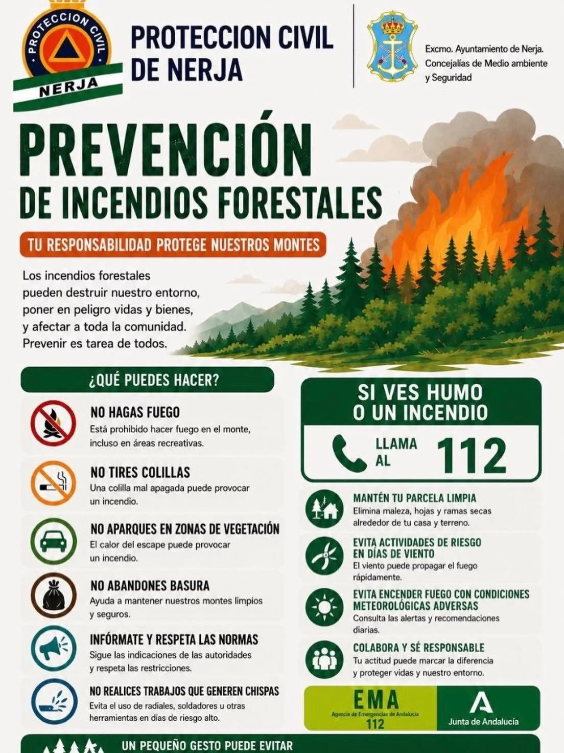 🔵🟠 PREVENTION || With the arrival of high temperatures, the risk of forest fires increases considerably. Prevention is the best tool to protect our surroundings, our biodiversity and, above all, people&rsquo;s safety.

▶️ Nerja Civil Protection wou