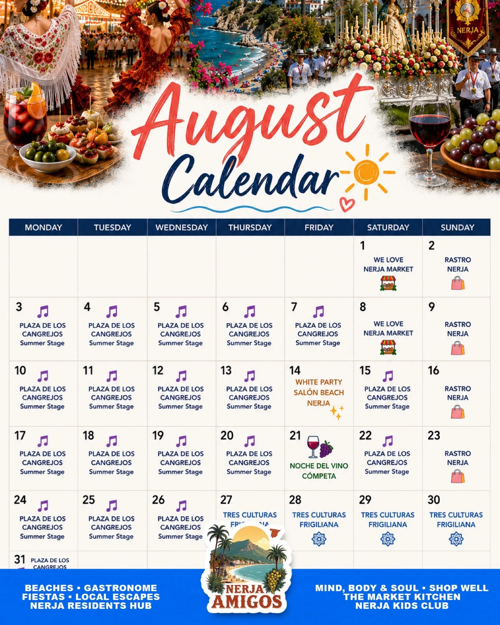 Ready to fill your August with unforgettable memories? 🌴✨
 Discover the month&rsquo;s top events across Nerja and Axarqu&iacute;a. Keep this calendar handy and never miss a fiesta, market or summer celebration!Always check calendar Online 👉🏽 https