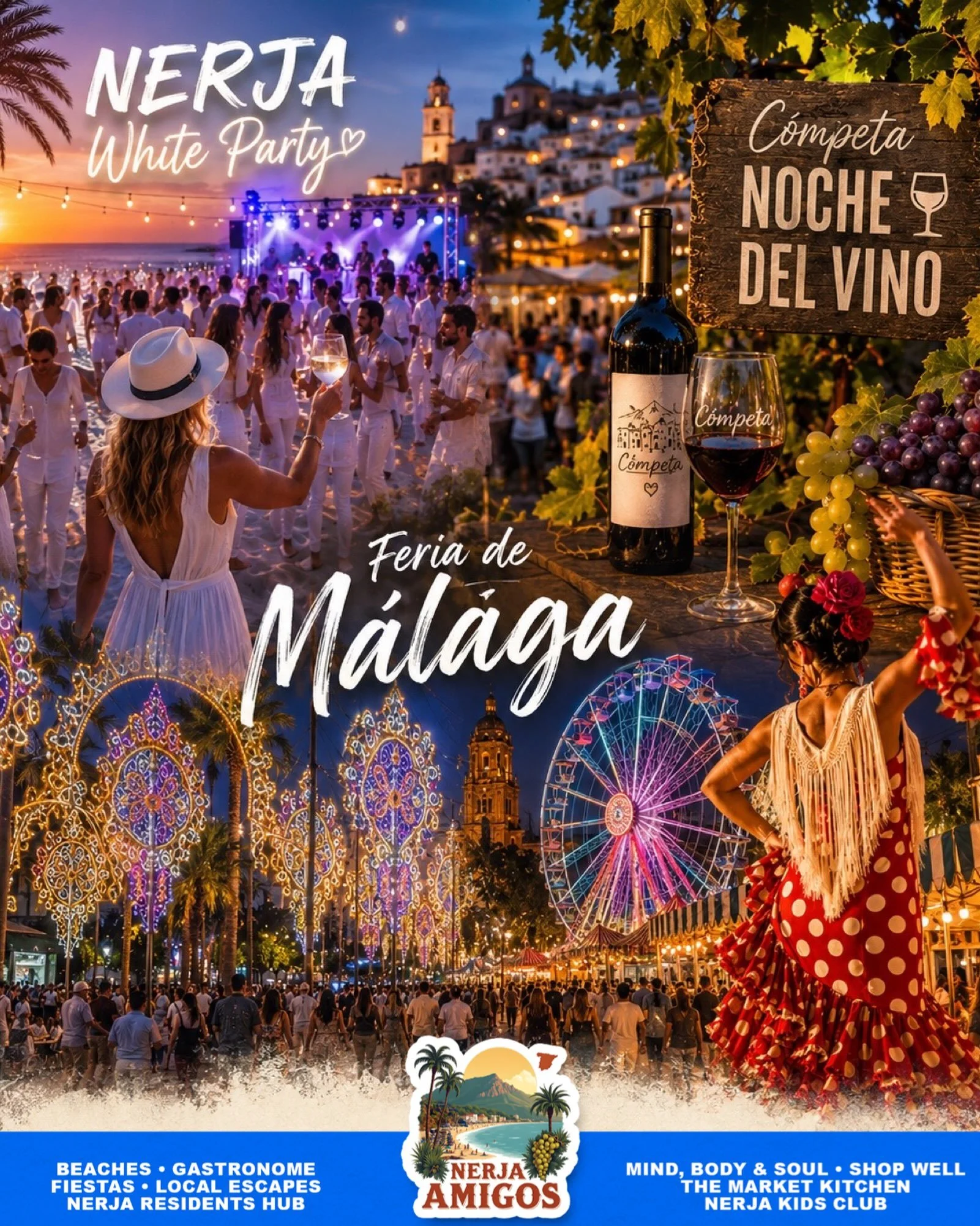 🤍 🍷💃🏽 Three unforgettable celebrations. One incredible week. ✨ 

From Nerja&rsquo;s dazzling White Party&hellip; to the wine-filled streets of C&oacute;mpeta&rsquo;s Noche del Vino&hellip; and the lights, music and magic of the Feria de M&aacute;