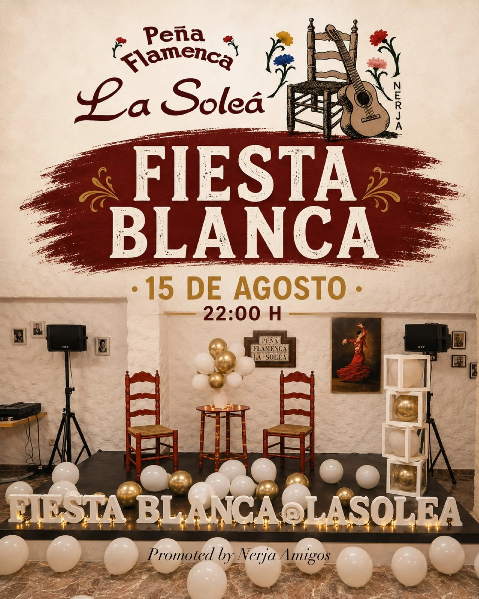 A summer night with a real taste of Andaluc&iacute;a! 💃🎶

Tonight- Saturday, Pe&ntilde;a Flamenca La Sole&aacute; invites you to their Fiesta Blanca &mdash; an evening of live music, dancing and plenty of local atmosphere right here in Nerja.

Dres