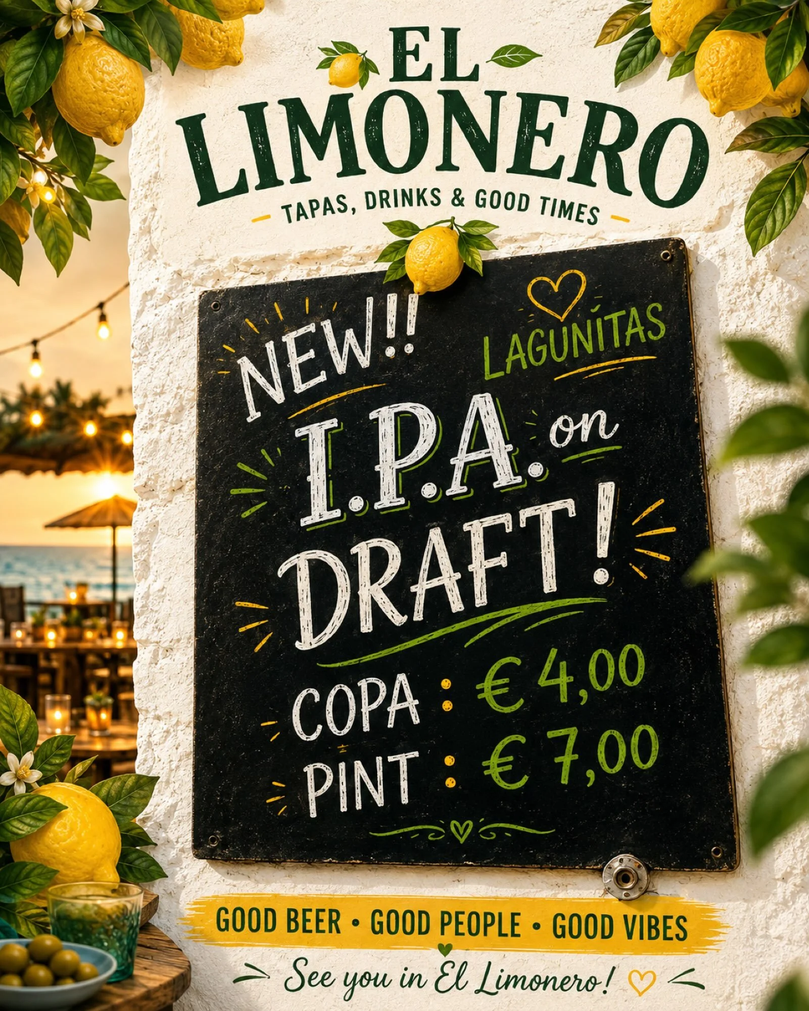 Fancy a cold IPA and some good vibes? 🍺🍋

There&rsquo;s something new on draft at @barlimonero ! 

Try Lagunitas IPA &mdash; &euro;4 a glass or &euro;7 a pint &mdash; and settle in for a relaxed evening of tapas, drinks and good company. 💛

Good b