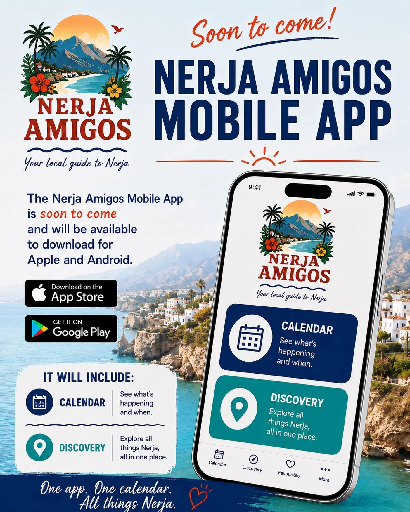 📱 COMING SOON &mdash; THE NERJA AMIGOS MOBILE APP! 🌴☀️

What&rsquo;s happening in Nerja &mdash; where, when and what you need to know, all in one place?

Very 🔜 the Nerja Amigos App will make discovering Nerja easier than ever.

📅 CALENDAR
Find w