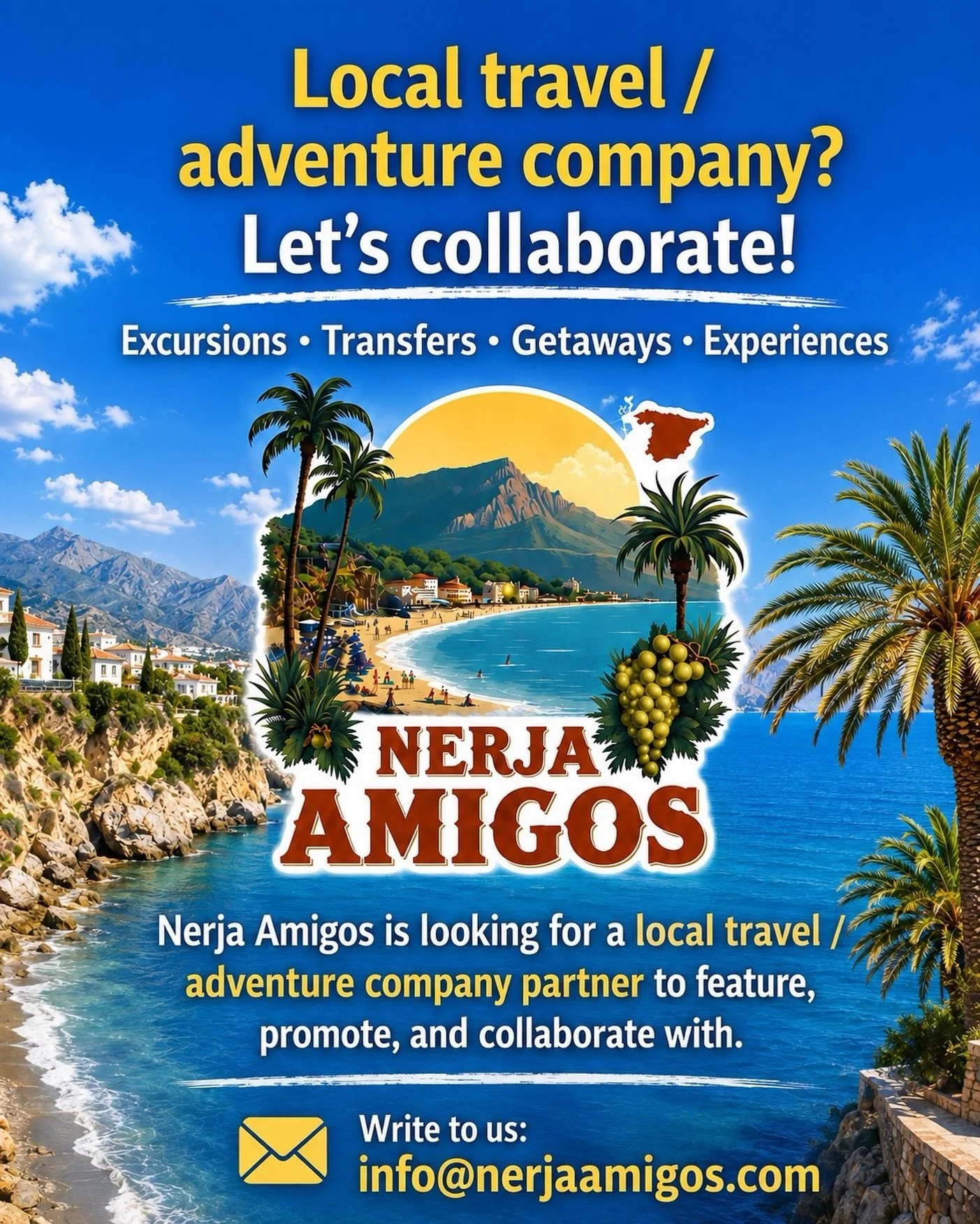 Do you run a local travel or adventure company in Nerja? 🌞 

Nerja Amigos is looking for a travel company to collaborate with! 🤝

Do you already provide some of these? 

🏖️ Excursions
🚐 Transfers
⛰️ Day trips
🌅 Getaways
🛶 Adventures
✨ Unique lo