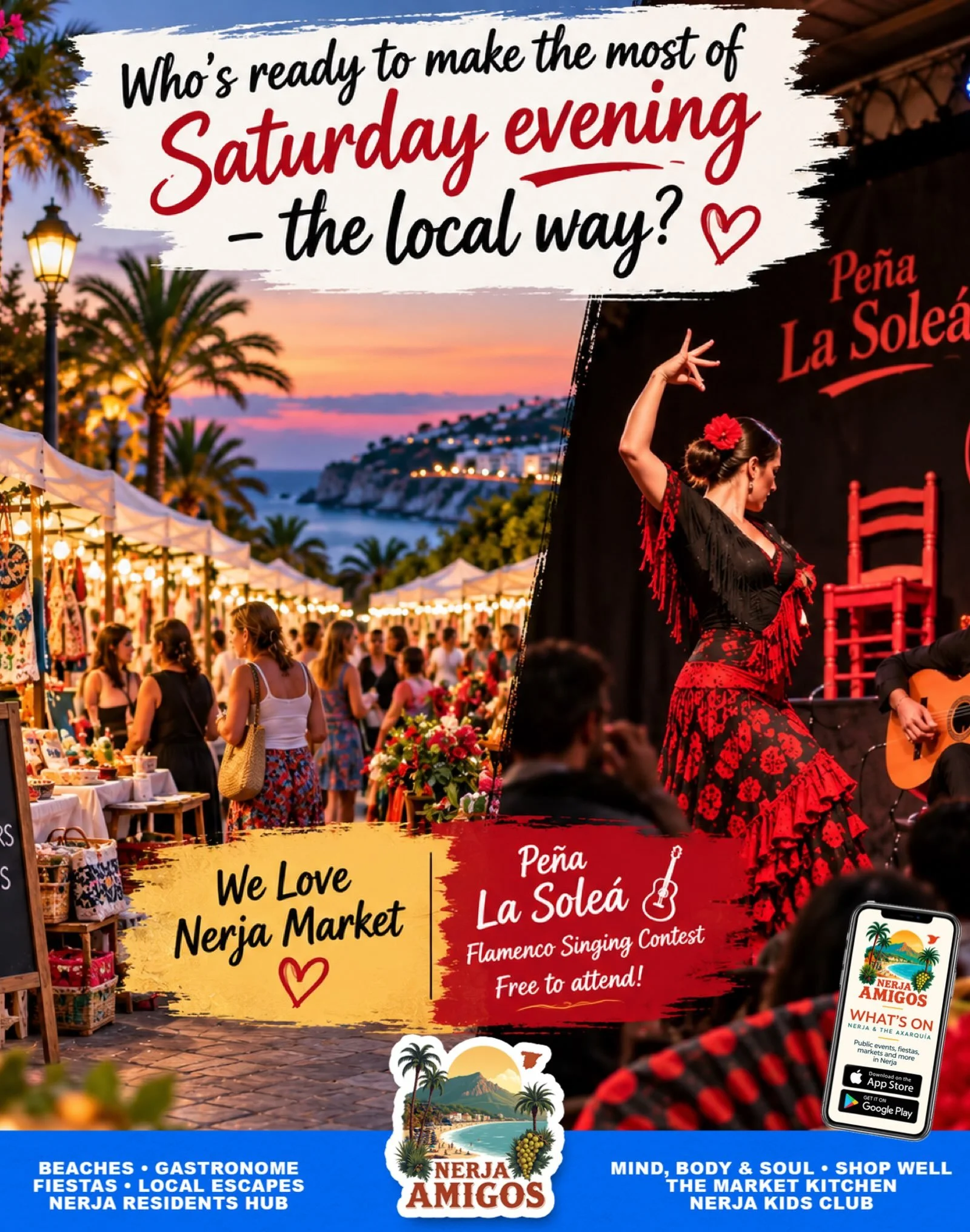 ☀️ Who&rsquo;s ready to make the most of Saturday evening &ndash; the local way? 🎉

🛍️ We Love Nerja Market &ndash; browse, mingle and discover local makers, flavours and fabulous finds!

🎶 Then soak up the passion at Pe&ntilde;a Flamenca La Sole&
