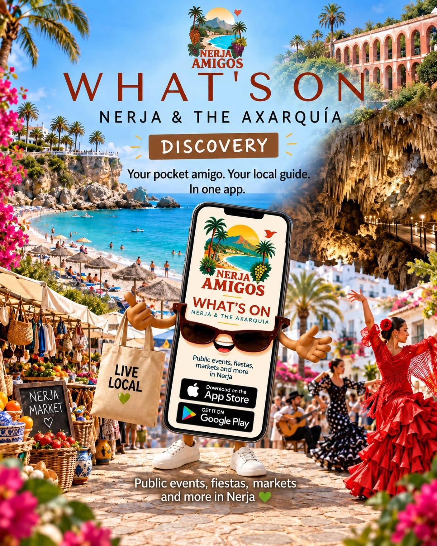 🚀🍏 Apple Amigos! 🤖 Android Amigos! EVERYONE&rsquo;S invited! 🎉📱

It&rsquo;s official &ndash; Nerja Amigos What&rsquo;s On is now LIVE on both the Apple App Store AND Google Play!

Two stores. One Pocket Amigo. A whole lot of Nerja &amp; the Axar