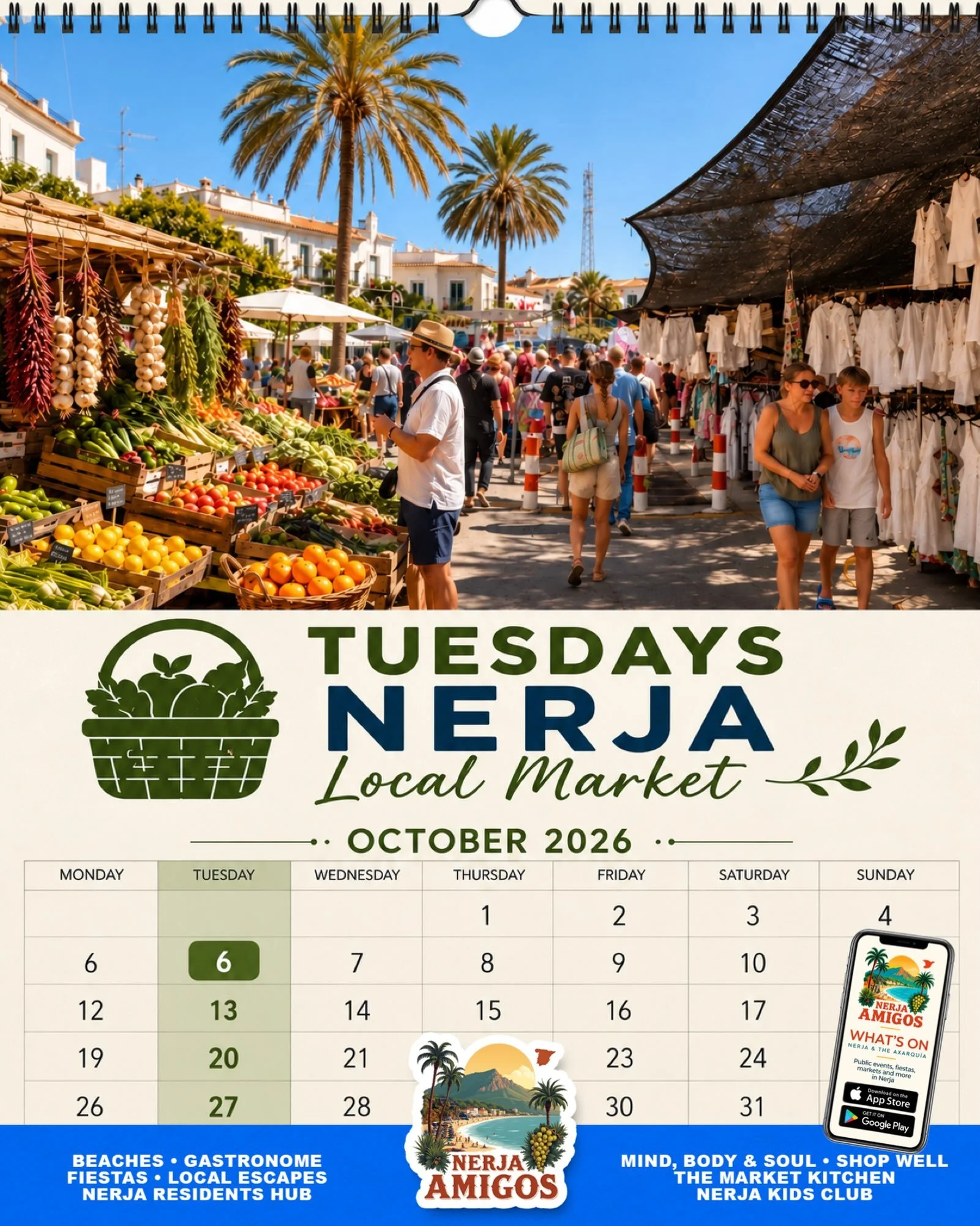 Some fresh groceries? 🍅 Or maybe hair clips, a Spanish fan, a new hat&hellip; or even a dress for Feria? 💃

Whatever you&rsquo;re looking for, Tuesday means market day in Nerja! 🛍️

Have a wander, browse the stalls and see what catches your eye.

