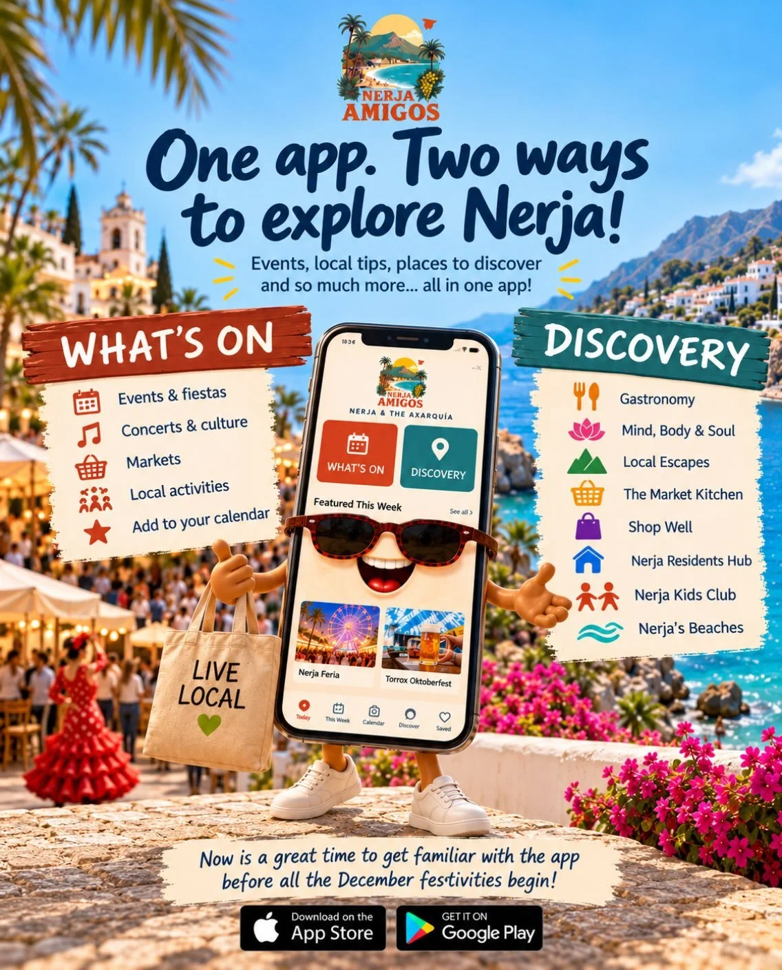 📱 One App. Two Ways to Explore Nerja! 💙

Did you know the Nerja Amigos app is much more than just an events calendar?

📅 WHAT&rsquo;S ON &ndash; Stay up to date with local events, fiestas, concerts, markets and cultural activities happening in Ner