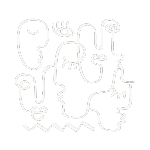 Dibujo de líneas blancas en fondo negro, forma una composición abstracta con rostros y figuras humanas hechas con líneas sencillas.