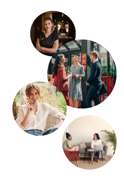 Imágenes de diferentes reuniones y conversaciones laborales con mujeres en entornos de oficina y espacio abierto.