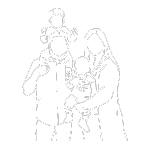 Dibujo de una familia con un adulto y tres niños, todos de perfil, algunos con globos en las manos.