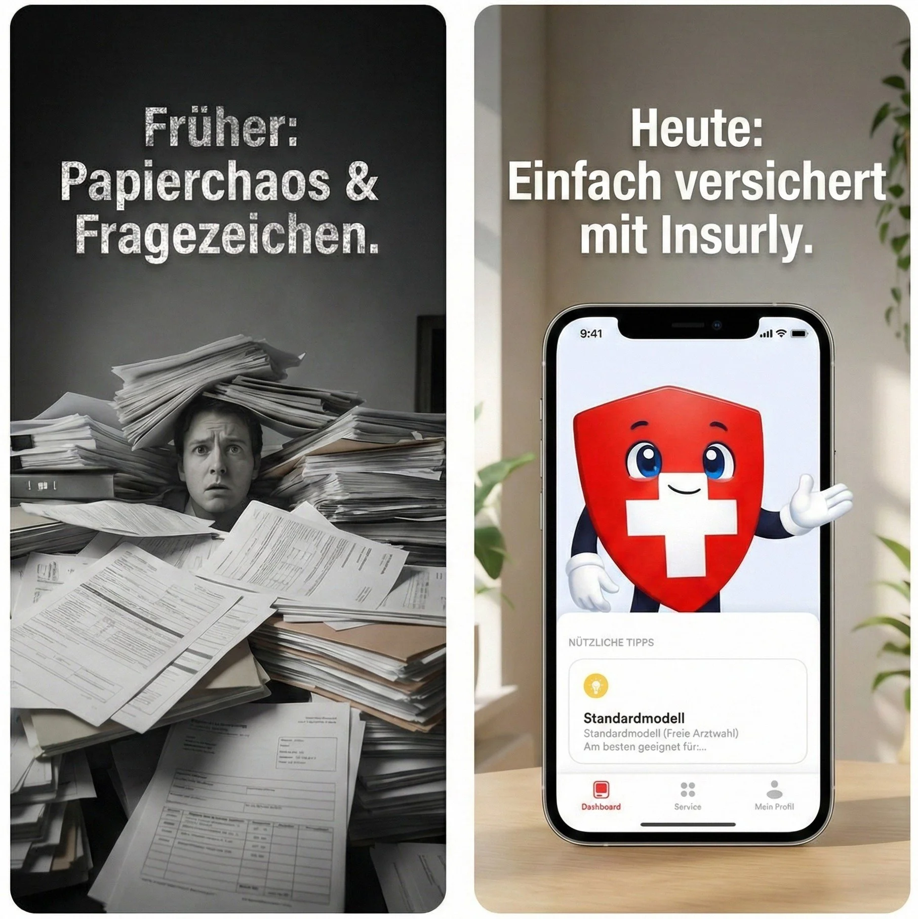 Vergleich zwischen chaotischer Papierkram-Ablage früher und vereinfachter Krankenkassen-App heute.
