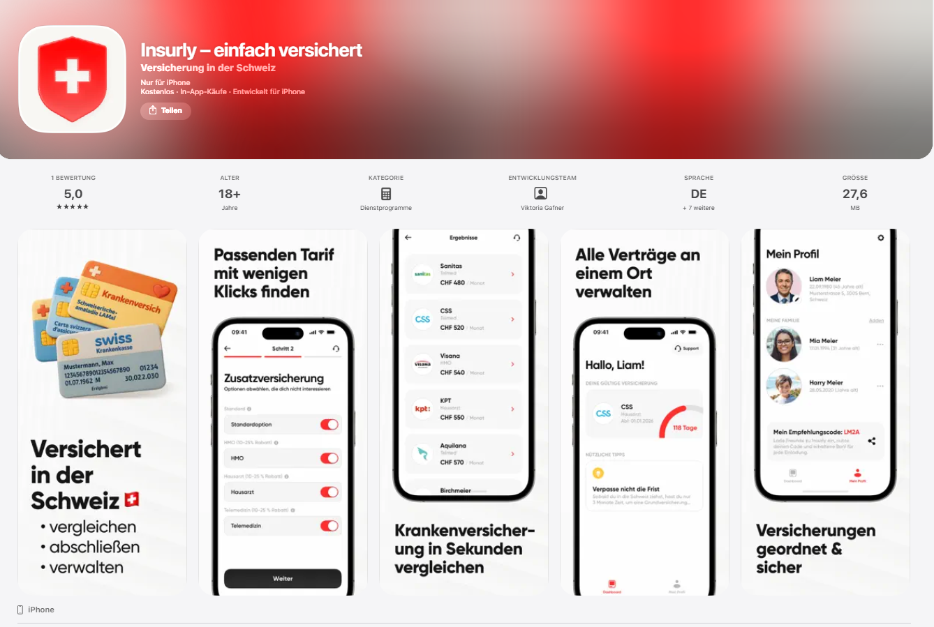App Store Seite der Versicherung in der Schweiz, zeigt Icons, Handy-Screenshots mit Versicherungsvergleichen, Vertragsverwaltung und Profilen, und Karten für Krankenversicherung.