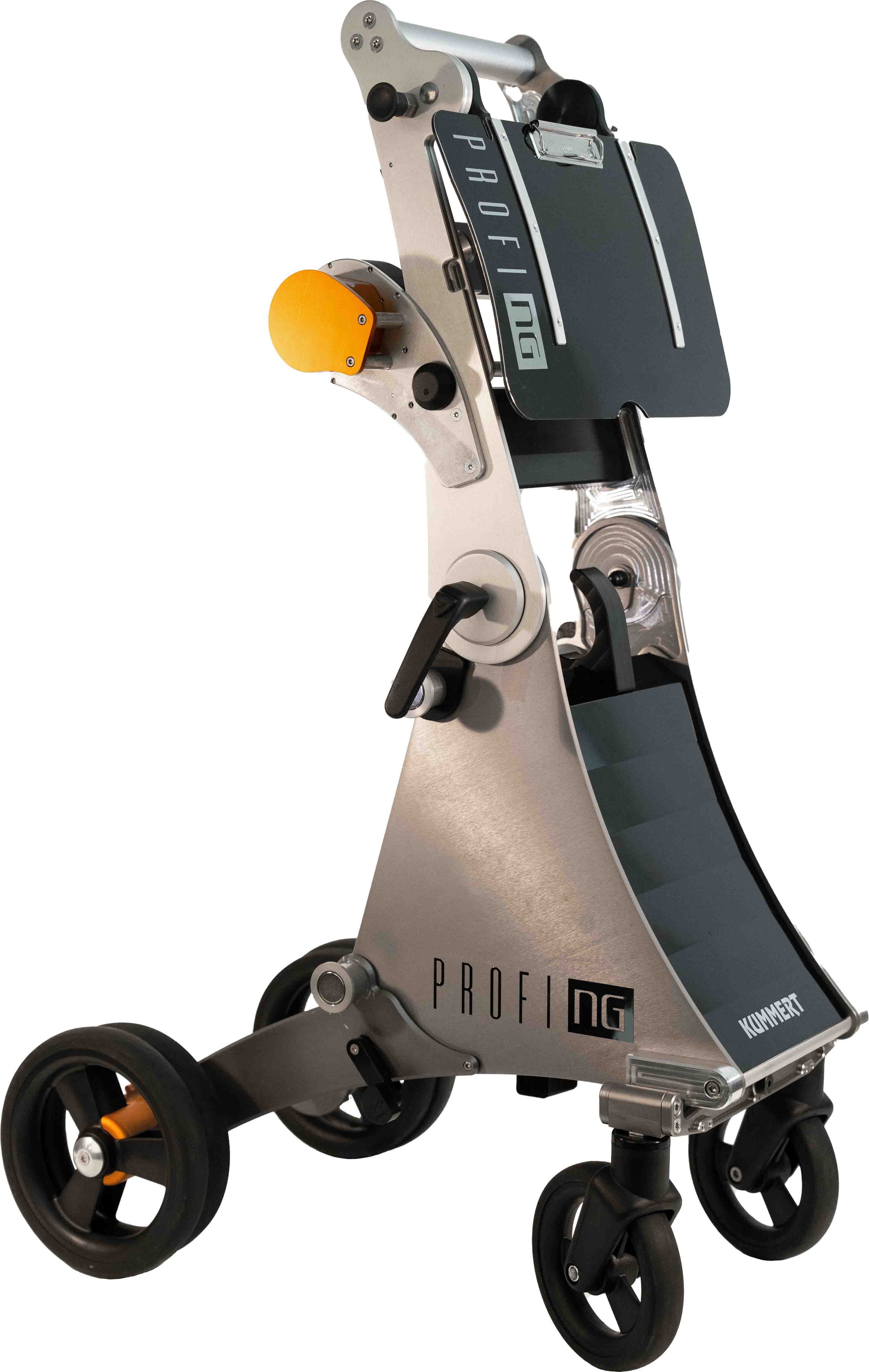 Ein moderner medizinischer Rollstuhl mit Schwarz, Silber und Orangen Akzenten, hergestellt von Kummer, Modell Profimg G.