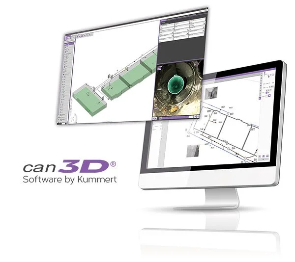 Bild zeigt Computerbildschirm mit 3D-Software, die technische Konstruktionszeichnungen und 3D-Modelle anzeigt, sowie ein Logo für "can 3D Software by Kummert".