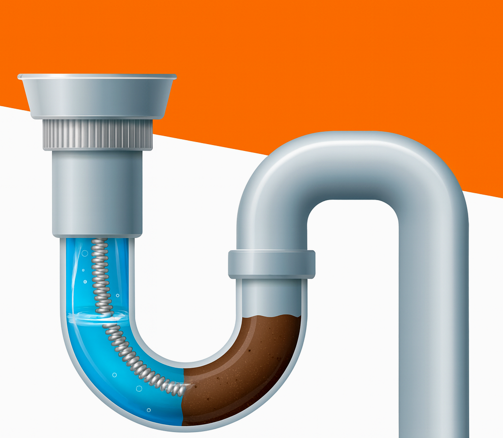 Ein Siphon mit Wasser und Schmutz, der in die Kanalisation führt.