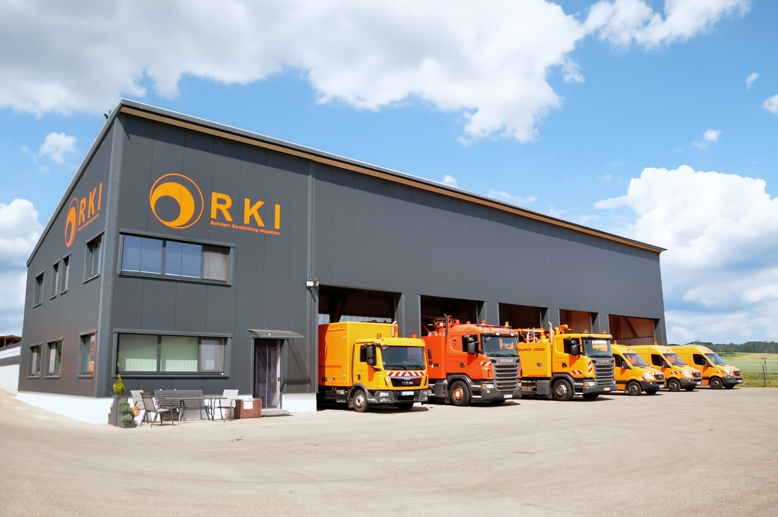 Ein Firmengebäude mit dem Logo RKI und mehreren Kanalreinigungs-Fahrzeugen davor, darunter ein Kanalspüler, ein Rohrreinigungsfahrzeug und ein Kastenwagen.
