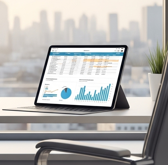 A tablet displaying financial data, charts, and graphs on a desk in an office with a city skyline in the background.