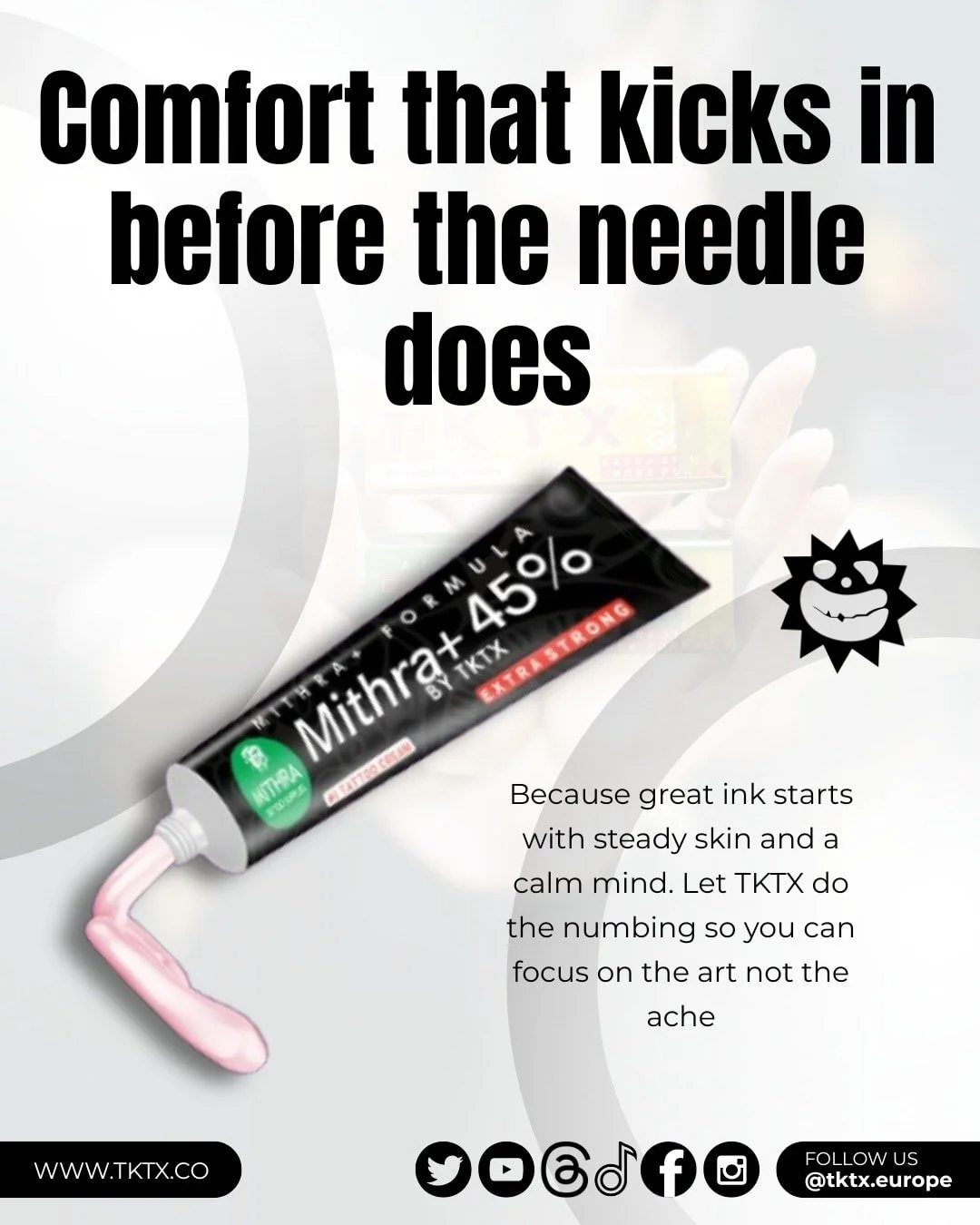 "Comfort that kicks in before the needle does."
Because great ink starts with steady skin and a calm mind.
Let TKTX do the numbing so you can focus on the art&mdash;not the ache.

#tktx #numbing #needle #painfree