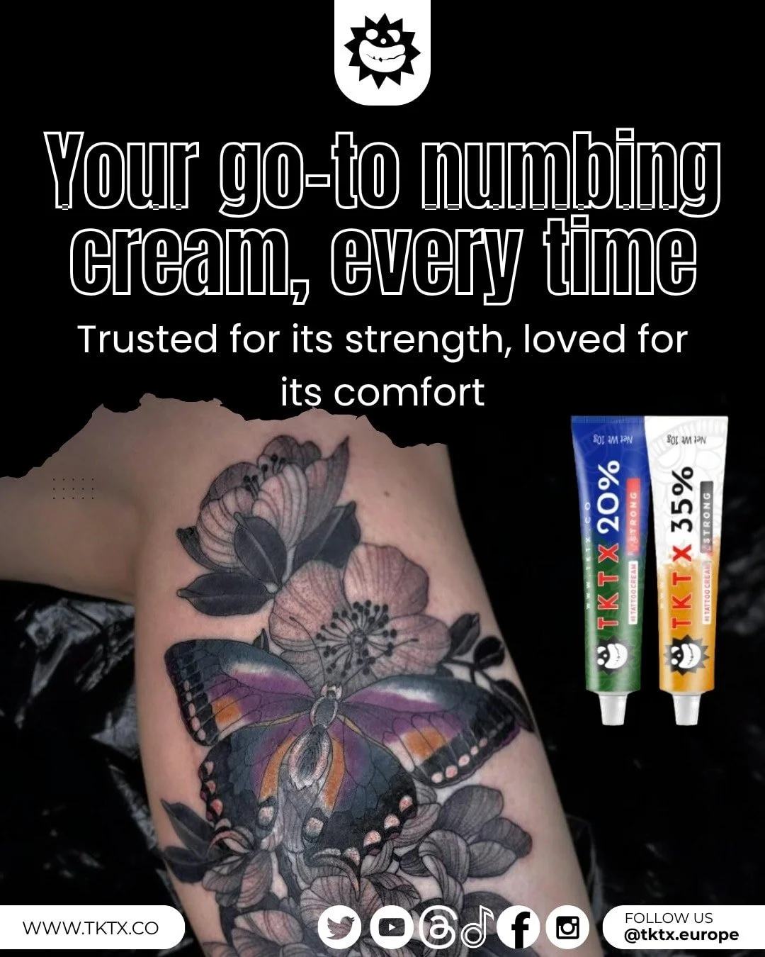 "Your go-to numbing cream, every time."
Whether it&rsquo;s tattoos, waxing, fillers, or facials TKTX keeps you calm and pain-free.
Trusted for its strength, loved for its comfort TKTX is your reliable prep step for any session.
#TKTX #NUMBI