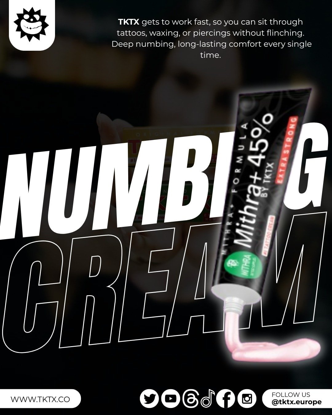 TKTX NUMBING CREAM 
Numb the pain, not the experience.
TKTX gets to work fast, so you can sit through tattoos, waxing, or piercings without flinching.
Deep numbing, long-lasting comfort&mdash;every single time.

#TKTX  #numbing #long-lasting #piercin