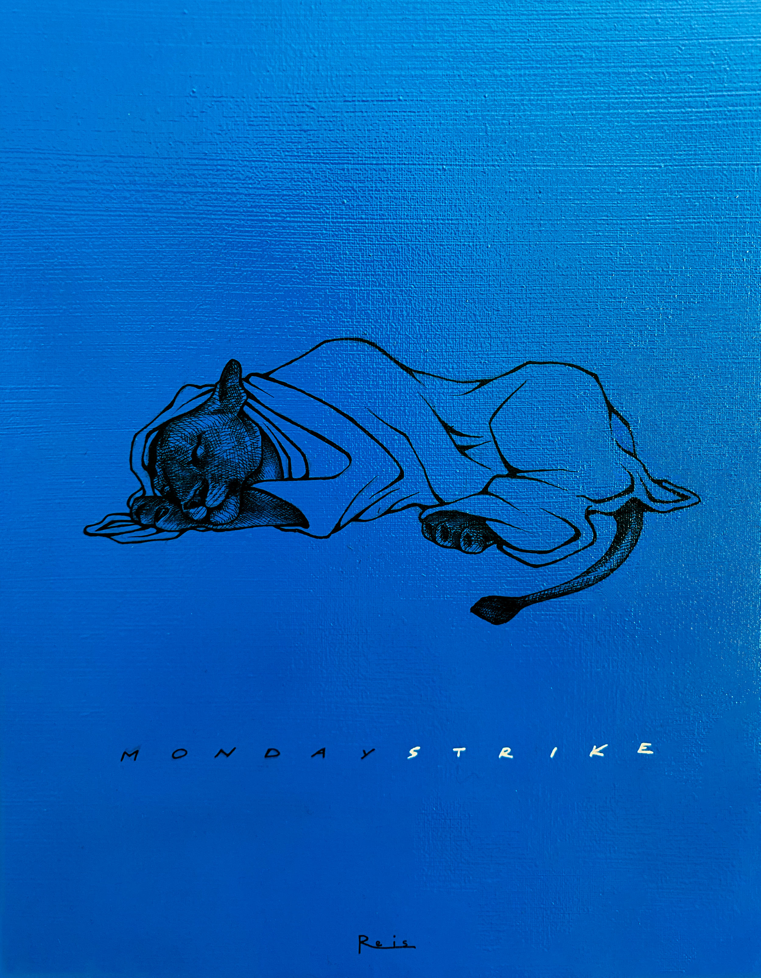 MONDAY STRIKE 35x29 Acrylic, acrylic enamel, ink on canvas  #1/4 2025 ‘’The lioness sovereign of the tireless labor, finds herself entangled in the heavy numbing haze of Blue Monday. A rare surrender to weariness she was never meant to know’’