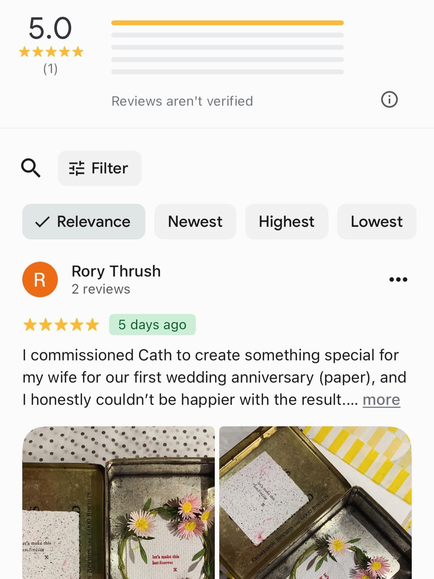 The loveliest review from a super-duper bespoke Client, who commissioned a tinned paper artwork for his first (PAPER) wedding anniversary 💘

So many thoughtful details and personal touches in this little tin, I&rsquo;ve popped a cheeky reel in my st