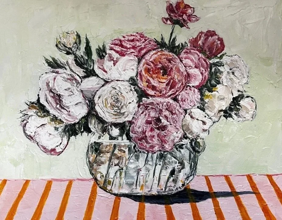 Flowers on Striped Table Cloth | Acrylic | 40cm x 50cm | SOLD