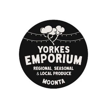 Logo for Yorkes Emporium featuring balloons and string lights, promoting regional, seasonal, and local produce in Moonta.