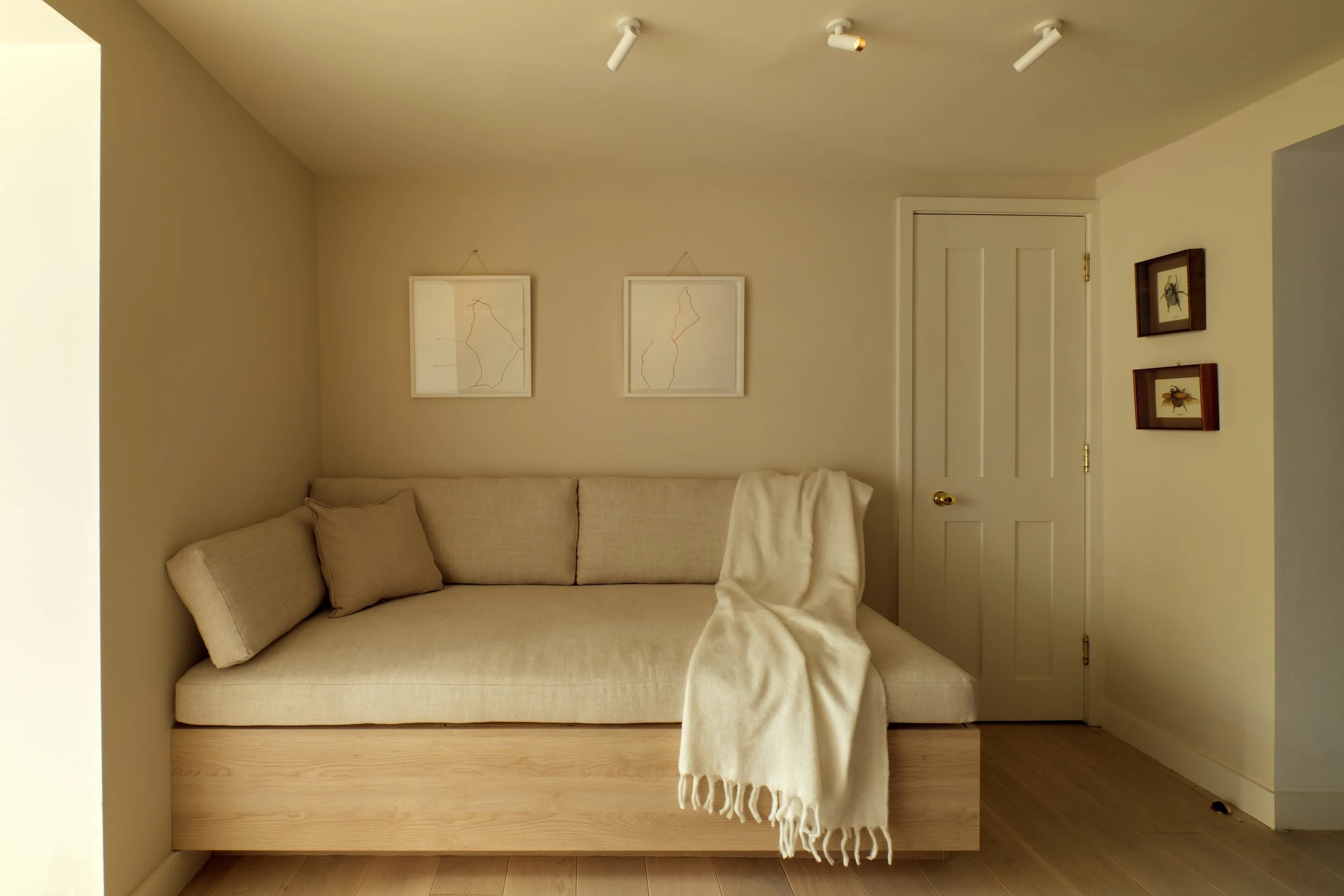Minimalist living room with beige sofa, cream throw blanket, two framed abstract art pieces, and two framed bug illustrations on the wall.