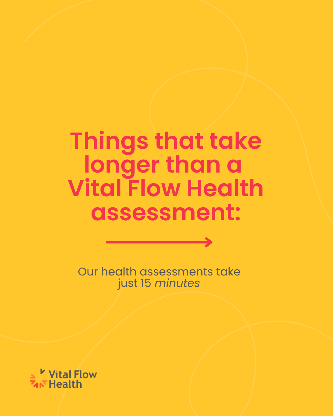 A bright yellow background with orange and pink design elements. Text in bold pink states, "Things that take longer than a Vital Flow Health assessment:" with a pink arrow pointing right. Smaller black text reads, "Our health assessments take just 15