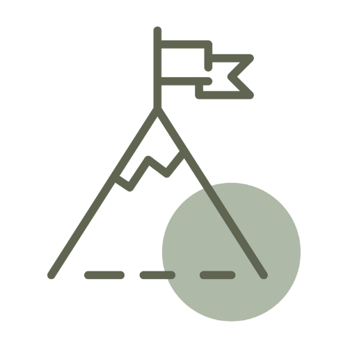 Line drawing of a mountain peak with a flag, a dotted line path, and a shaded circular area representing an obstacle or detail.