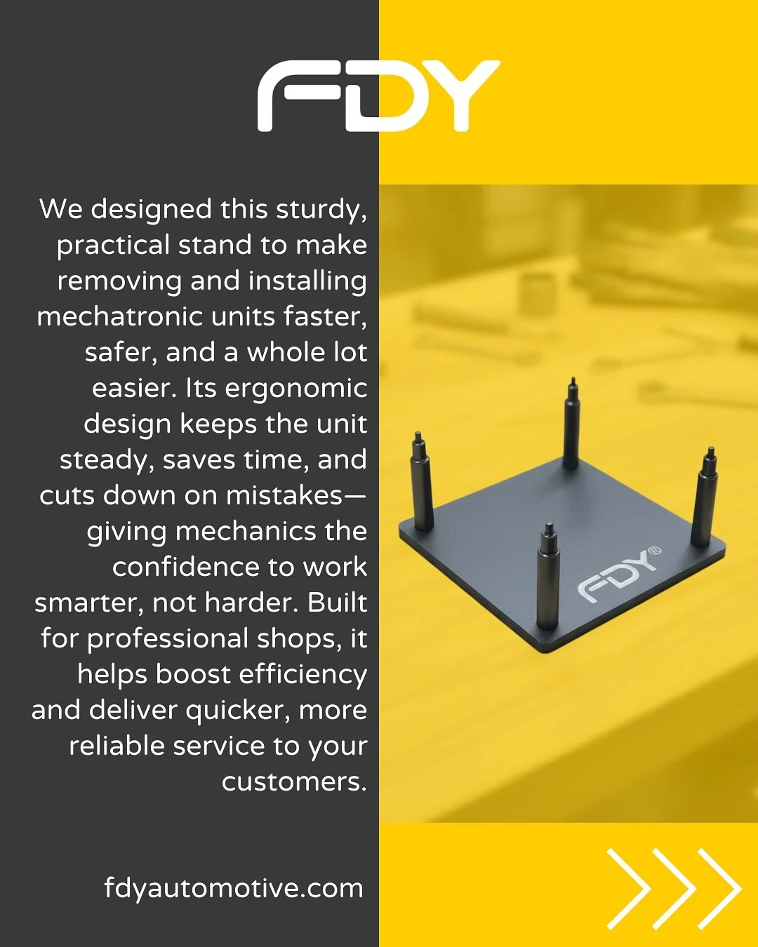 Speed up your work with FDY Automotive&rsquo;s mechatronic stand. Designed for professional shops, this practical stand makes mechatronic unit removal and installation safer and faster. Boost your efficiency and deliver quicker service to your custom