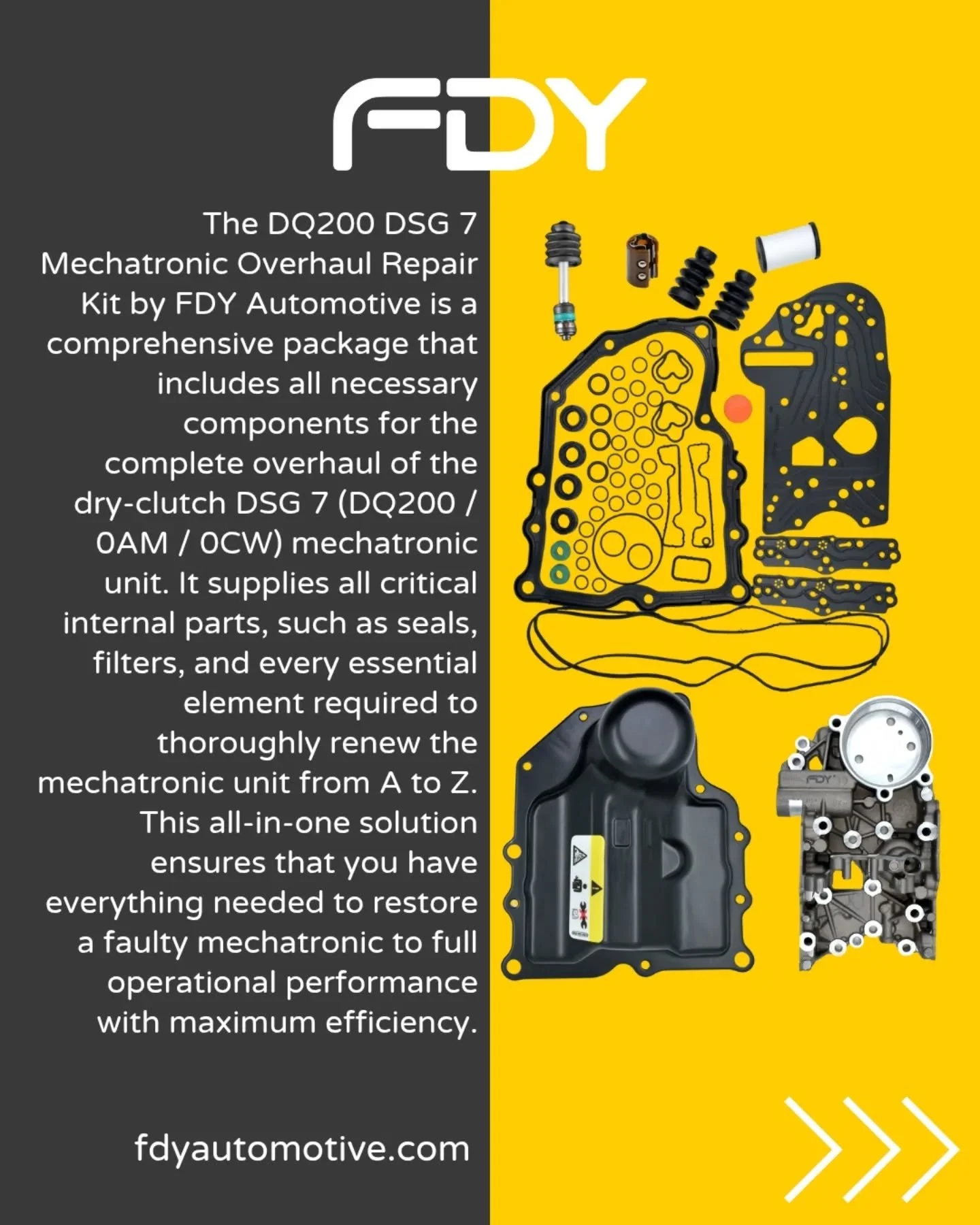 The DEFINITIVE SOLUTION for your DSG 7 Mechatronic problems! 🛠️

Completely renew your mechatronic unit from A to Z with the FDY Automotive DQ200 DSG 7 Mechatronic Overhaul Repair Kit.

We offer a far more economical and comprehensive alternative to