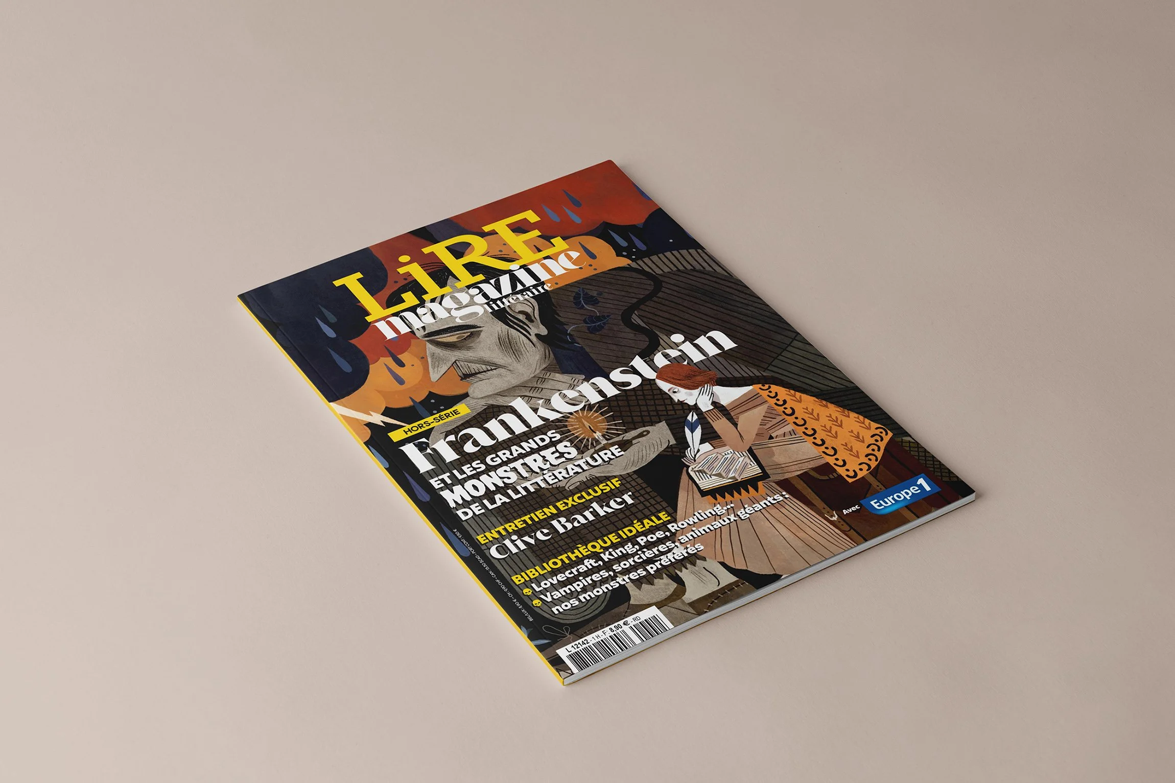 Couverture d'une magazine "LIRE" illustration d'un homme monstrueux, frankenstein, jeune femme lisant un livre, thème de monstres de la littérature.