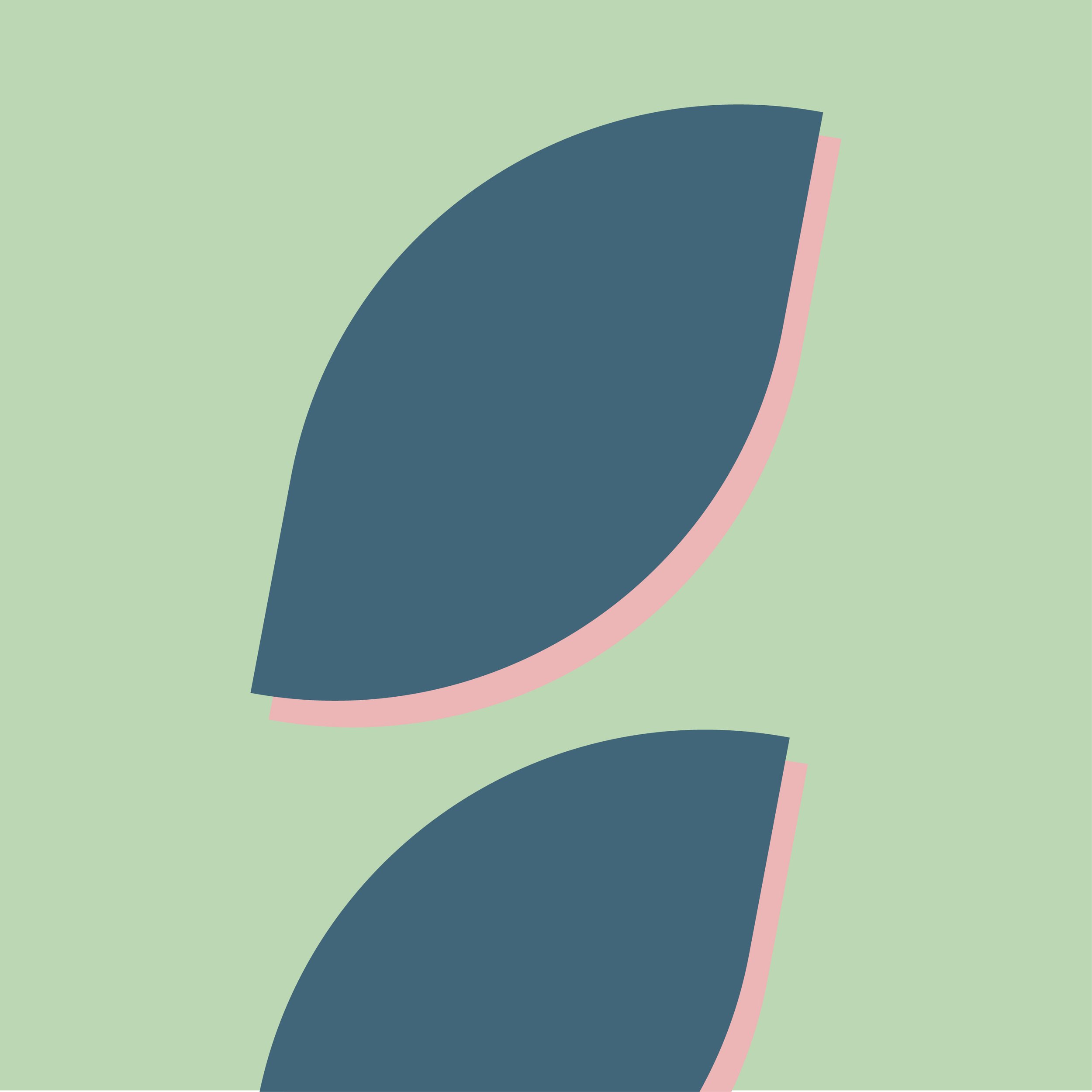 Deux formes ovales bleu foncé avec une ombre rose sur un fond vert clair.