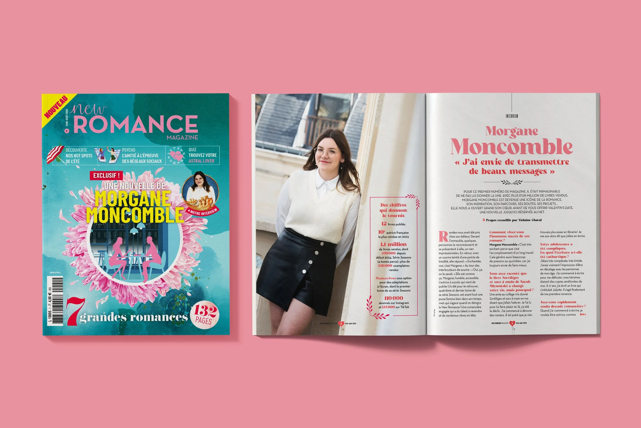 Couverture d'un magazine de new romance, femme assise, chemise blanche et une jupe noire, page d'interview, titre 'Morgane Moncomble, J’ai envie de transmettre de beaux messages'.